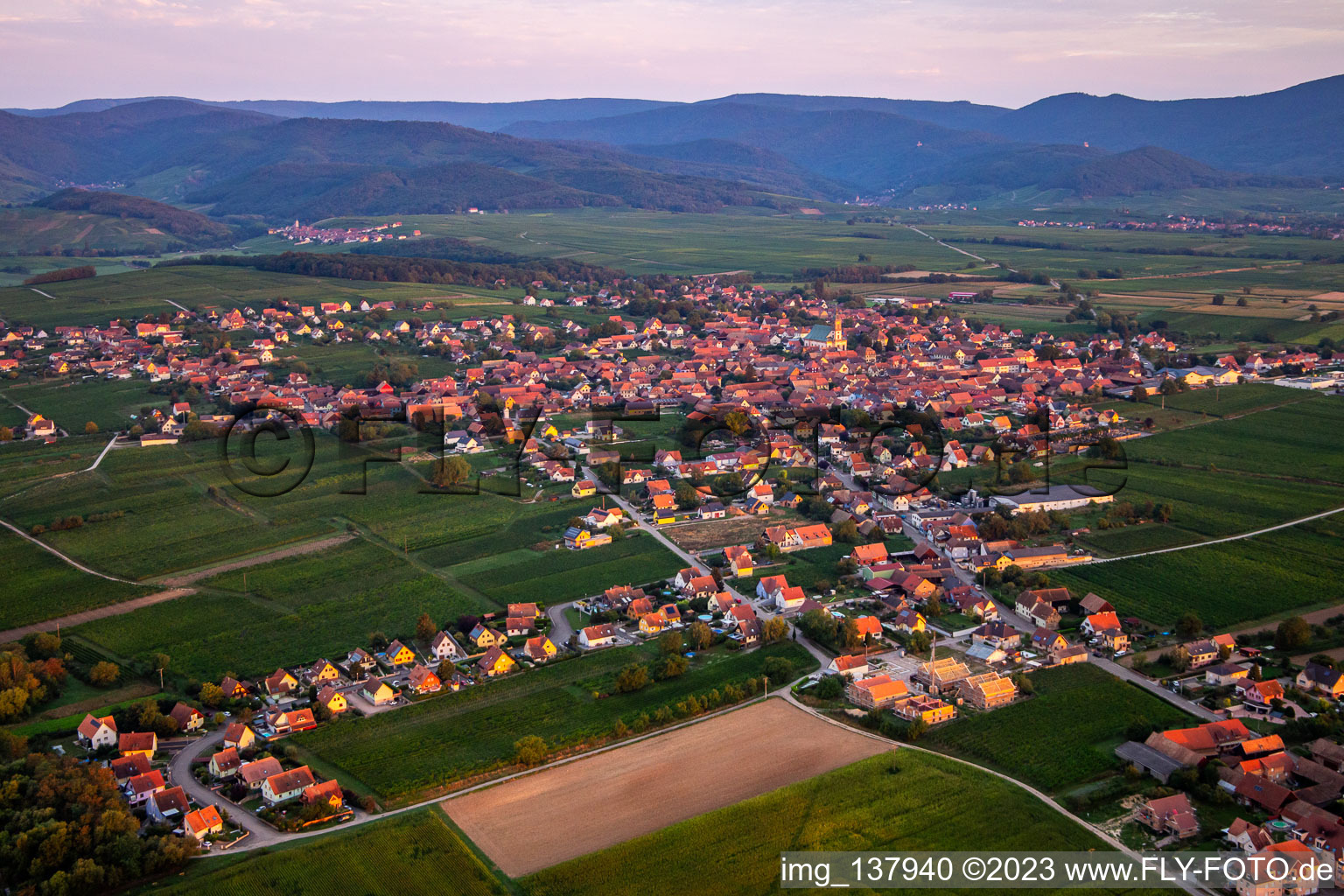 Aerial view of In the morning from the southeast in Epfig in the state Bas-Rhin, France
