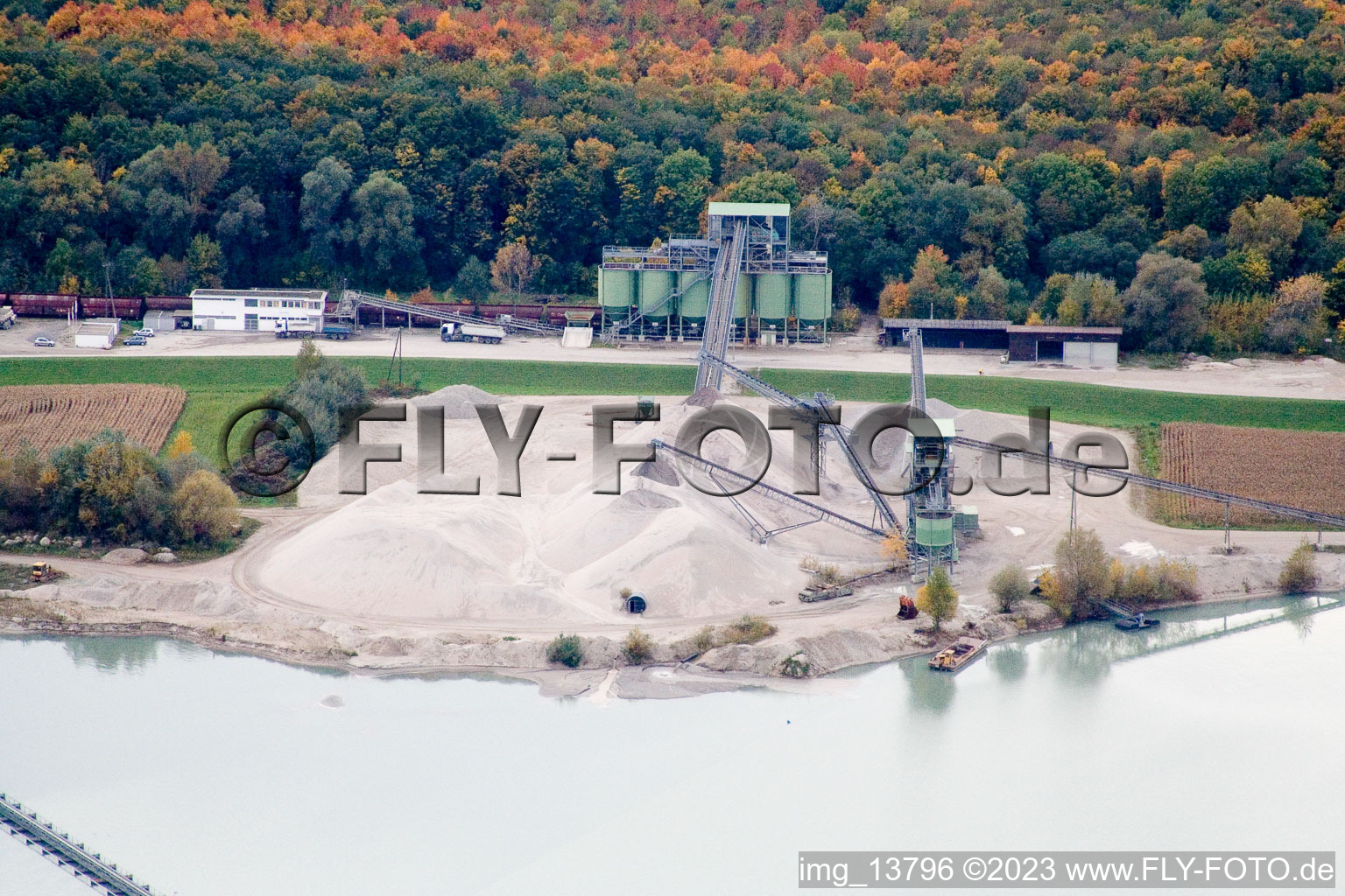 Aerial view of Gravel quarry lake in Hagenbach in the state Rhineland-Palatinate, Germany