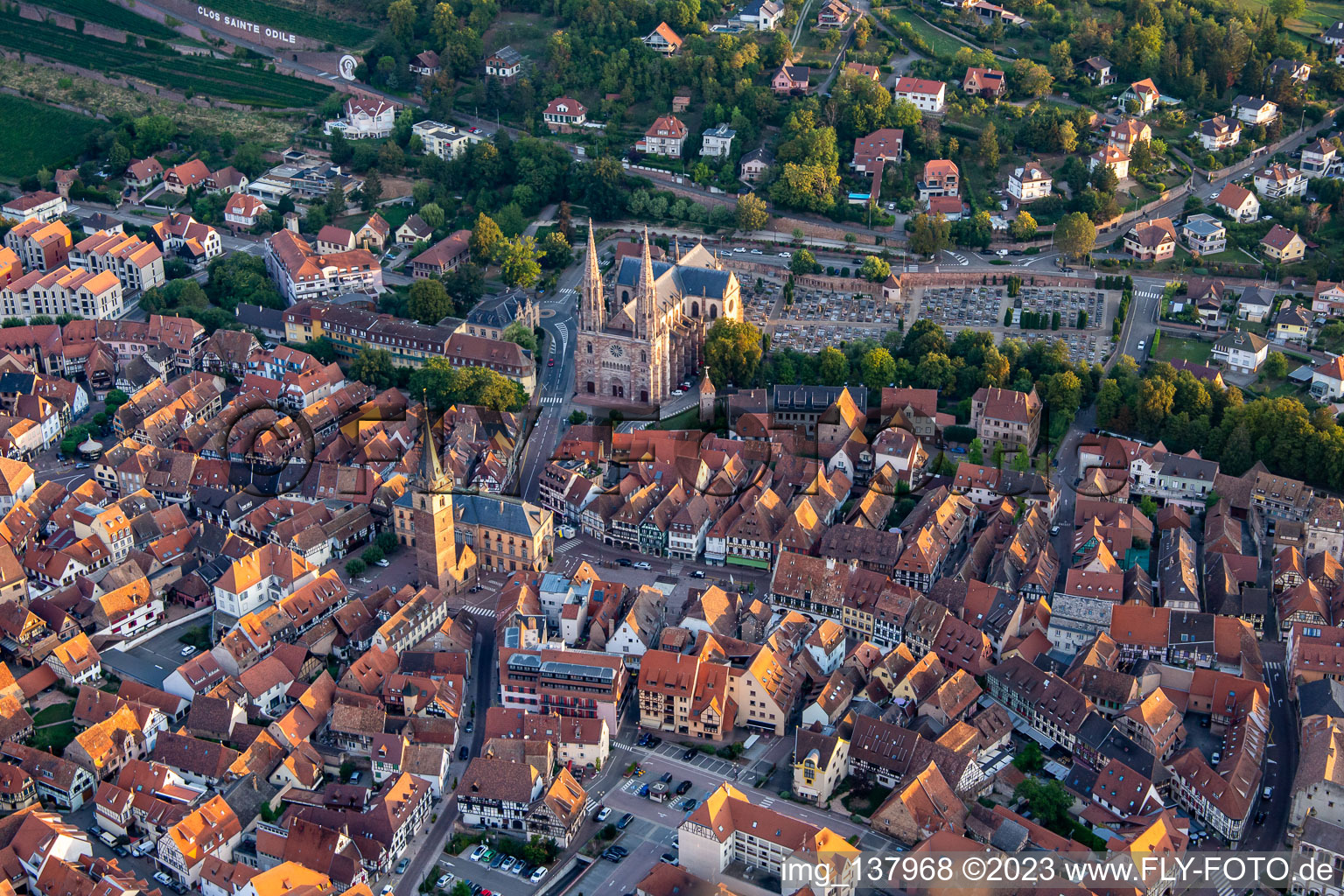 Aerial view of Église Saints-Pierre-et-Paul in Obernai in the state Bas-Rhin, France