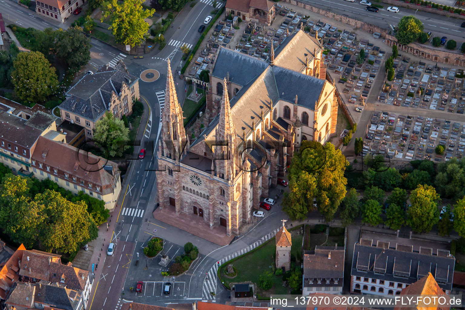 Aerial photograpy of Church of Saints Peter and Paul in Obernai in the state Bas-Rhin, France