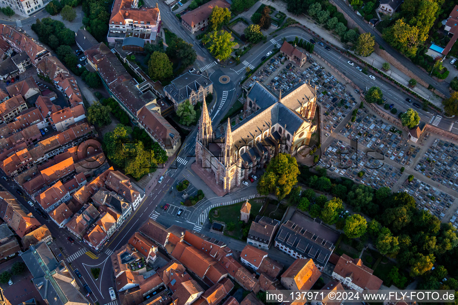 Oblique view of Church of Saints Peter and Paul in Obernai in the state Bas-Rhin, France