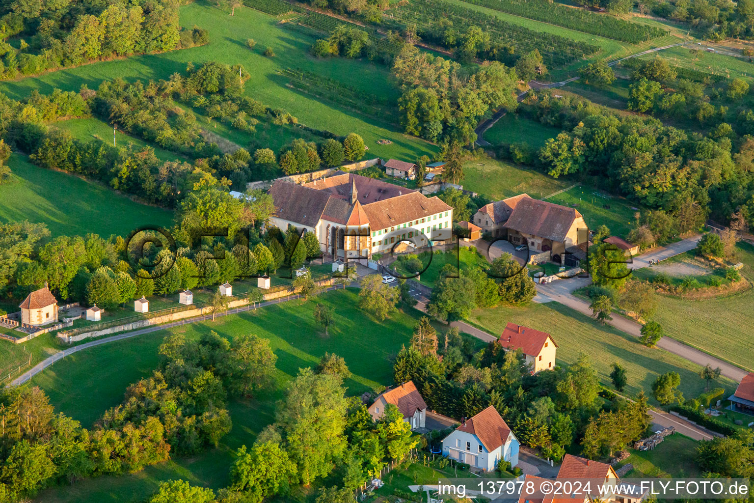 Aerial view of Couvent du Bischenberg in Bischoffsheim in the state Bas-Rhin, France