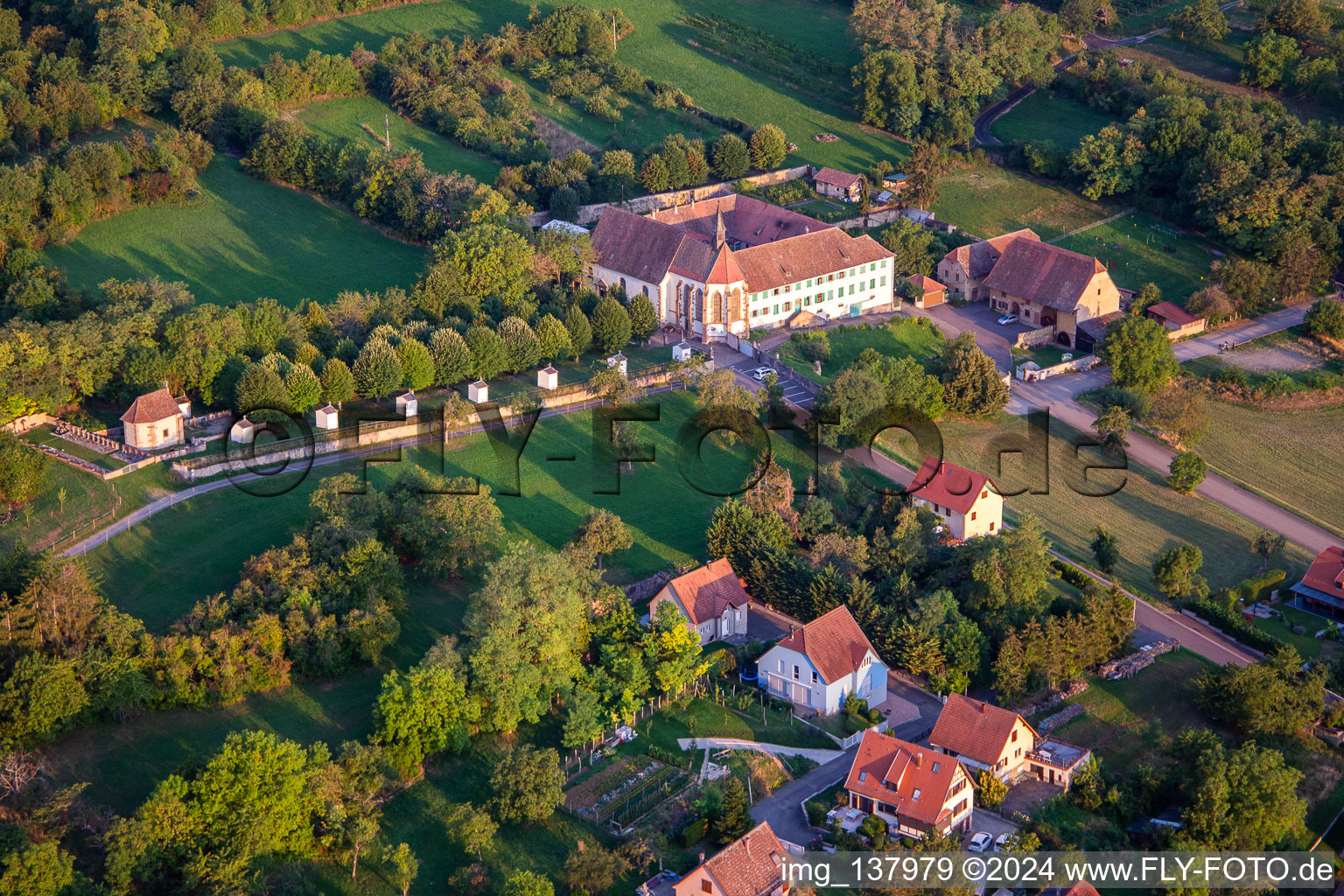 Aerial photograpy of Bischenberg Convent in Bischoffsheim in the state Bas-Rhin, France