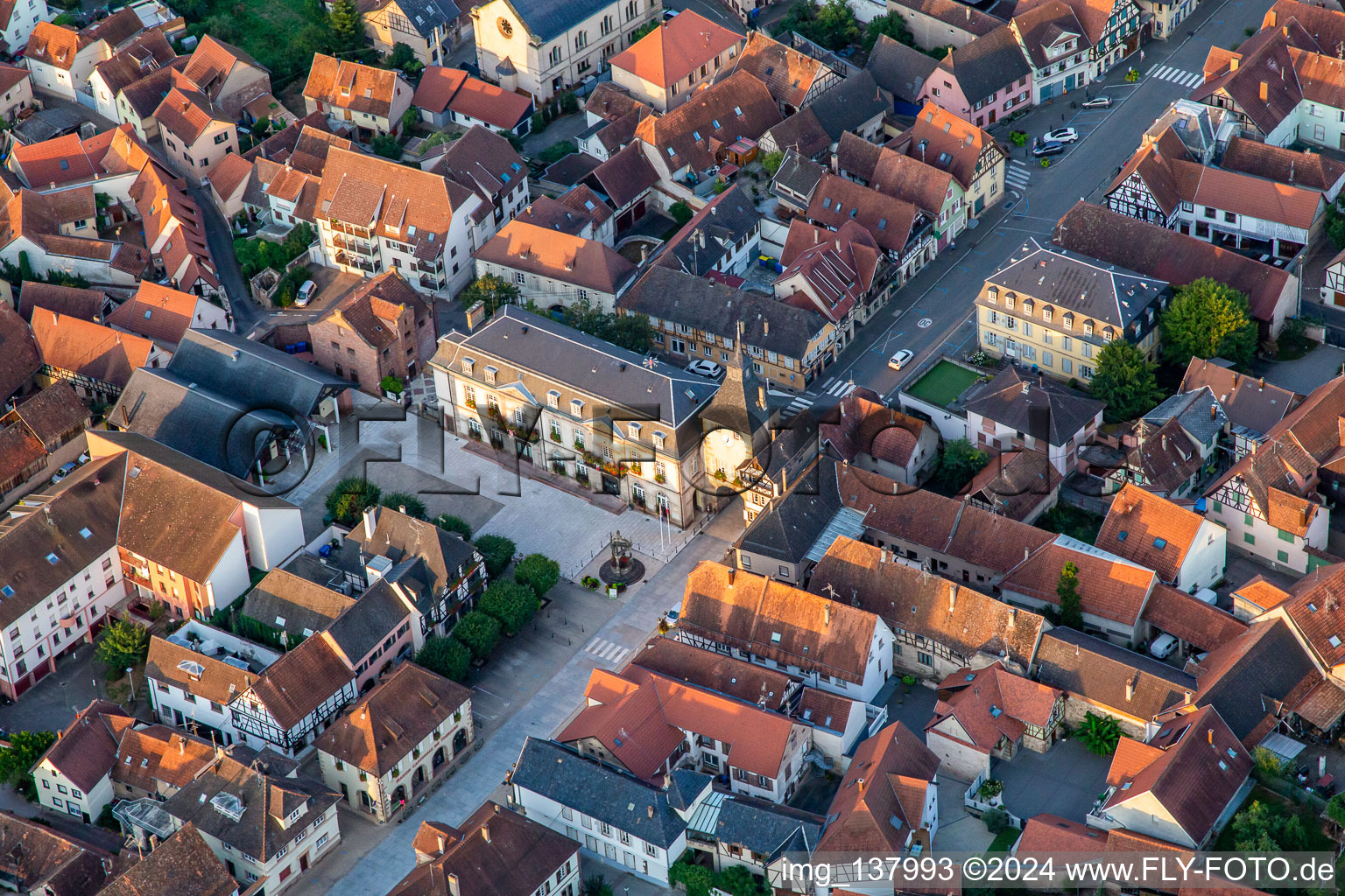 Aerial view of Mairie de Rosheim and Tour de l'Horloge ou Zittgloeckel in Rosheim in the state Bas-Rhin, France