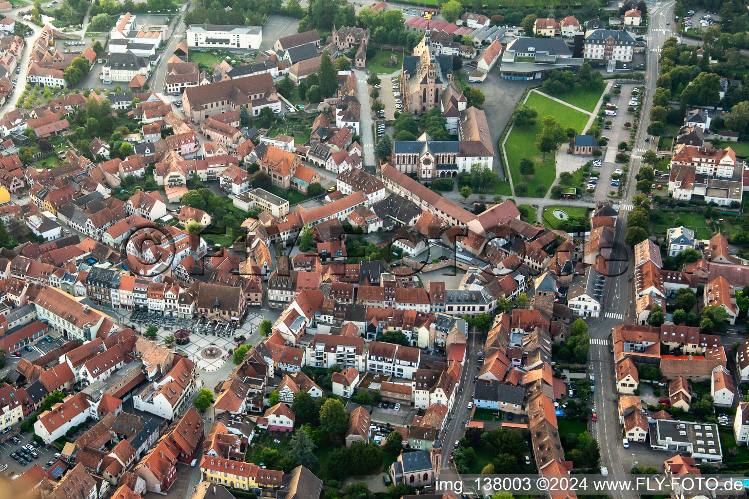 Aerial view of Place de l'Hôtel de Ville in Molsheim in the state Bas-Rhin, France