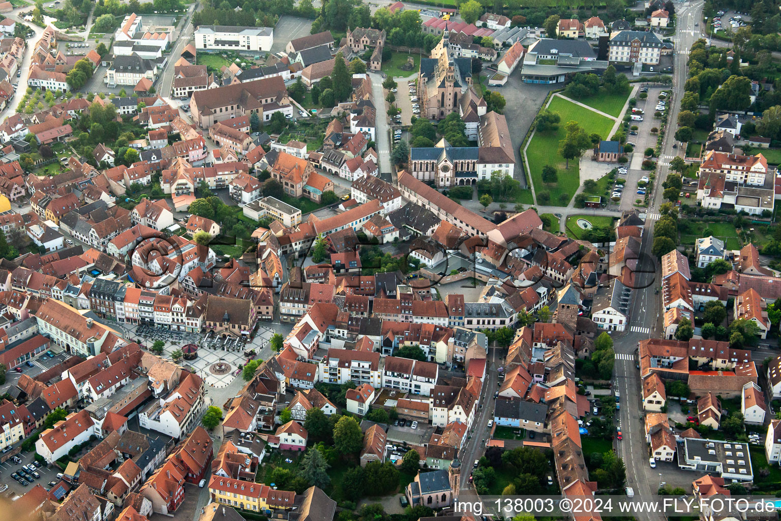 Aerial view of Place de l'Hotel de Ville in Molsheim in the state Bas-Rhin, France