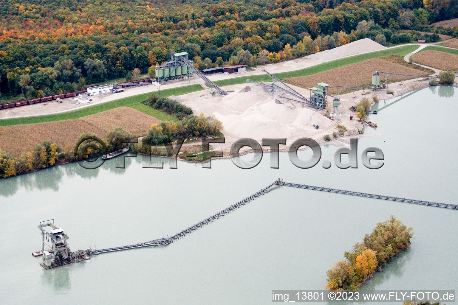 Aerial photograpy of Gravel quarry lake in Hagenbach in the state Rhineland-Palatinate, Germany