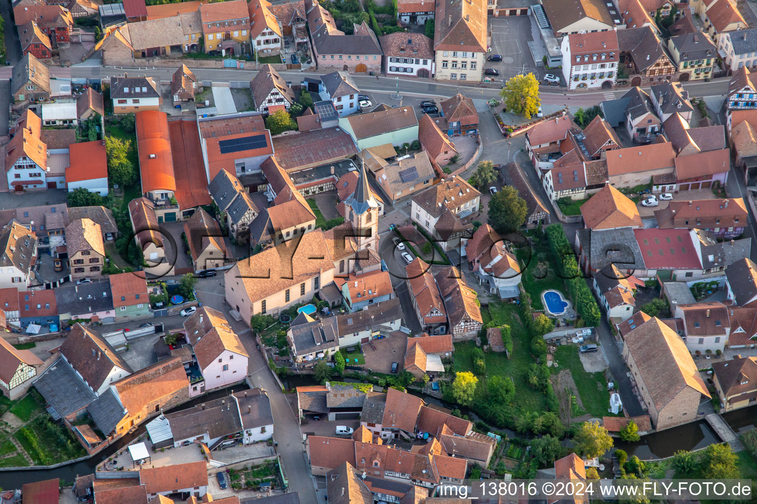 Aerial view of Church of Saint Etienne in Wolxheim in the state Bas-Rhin, France