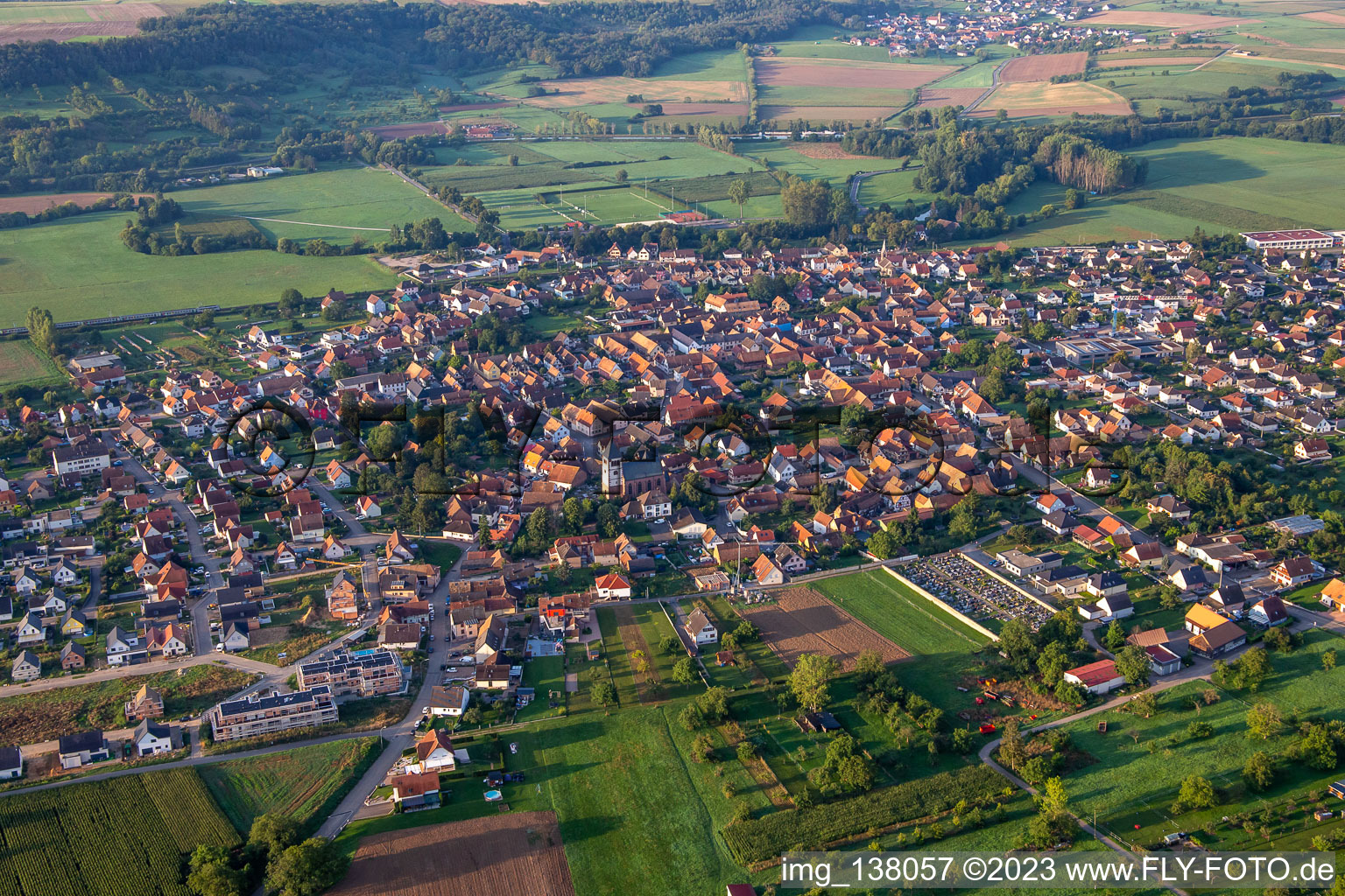 Schwindratzheim in the state Bas-Rhin, France from the drone perspective