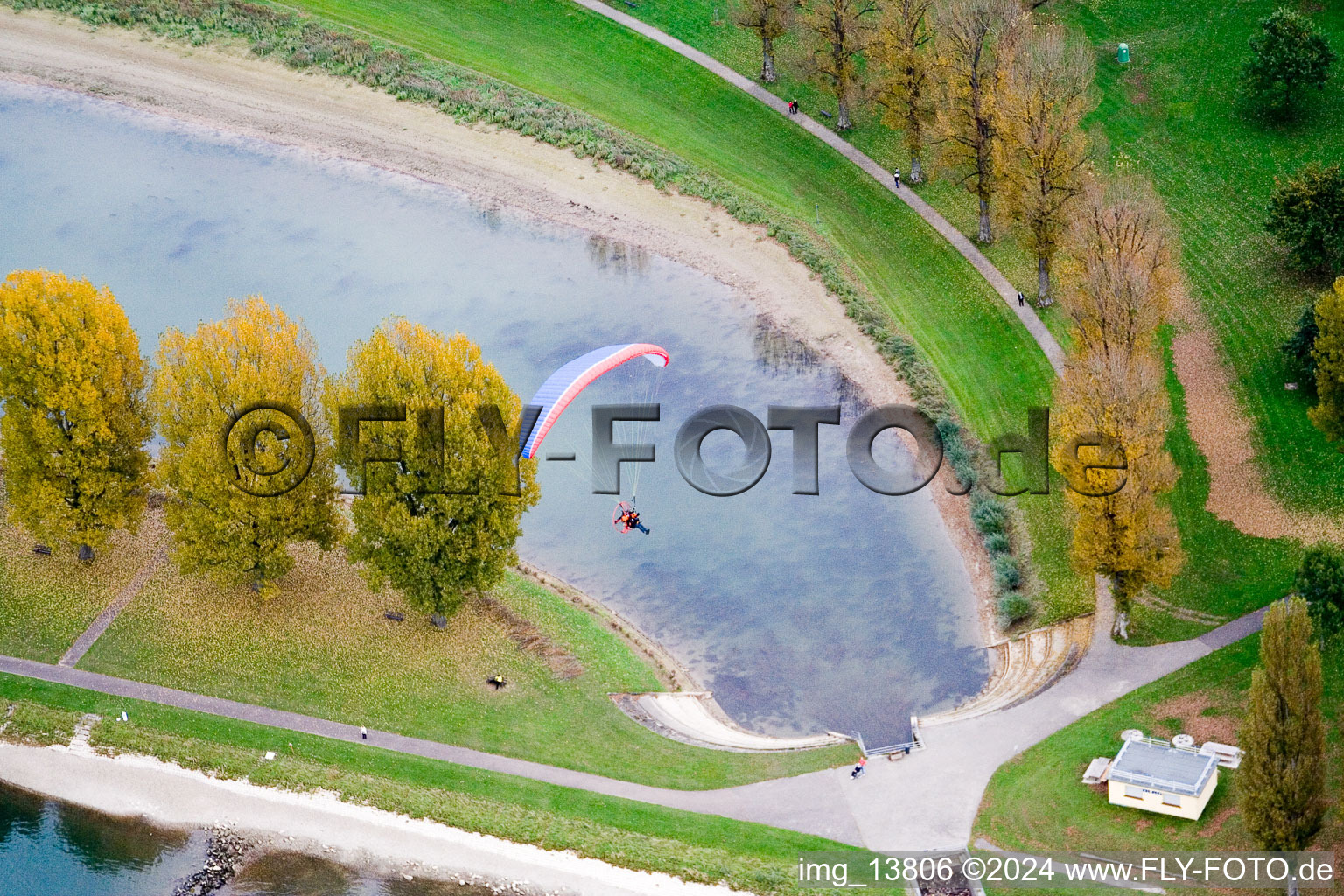 Aerial view of Rapppenwörth Rhine beach in the district Daxlanden in Karlsruhe in the state Baden-Wuerttemberg, Germany