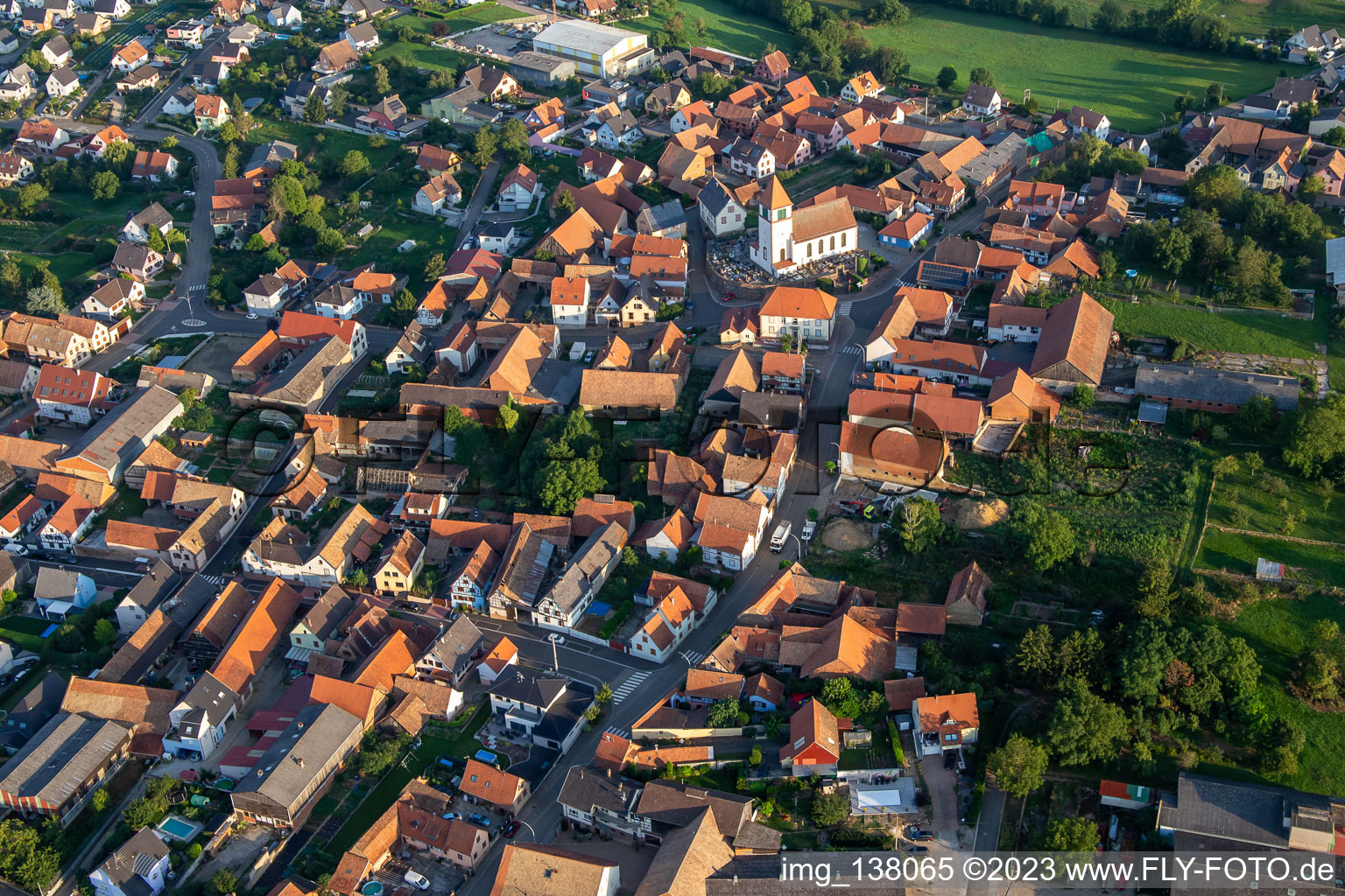 Aerial view of Eglise Saint Hilaire in Minversheim in the state Bas-Rhin, France