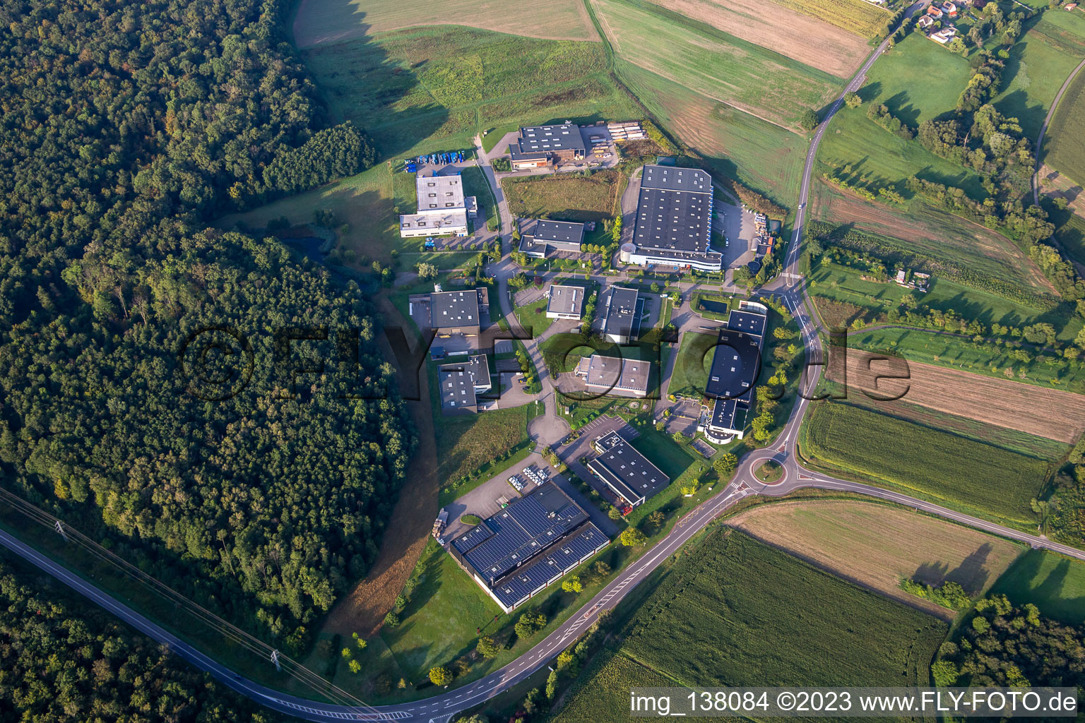 Aerial view of Rue du Tabac commercial area in Eschbach in the state Bas-Rhin, France