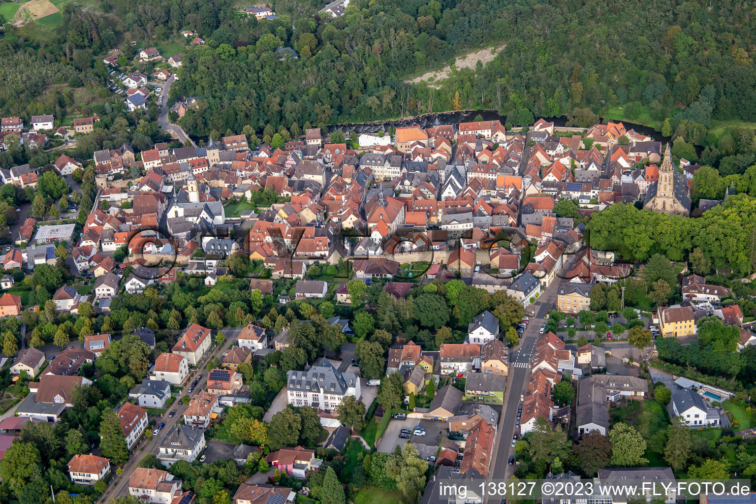 Aerial view of Historic old town from the west in Meisenheim in the state Rhineland-Palatinate, Germany