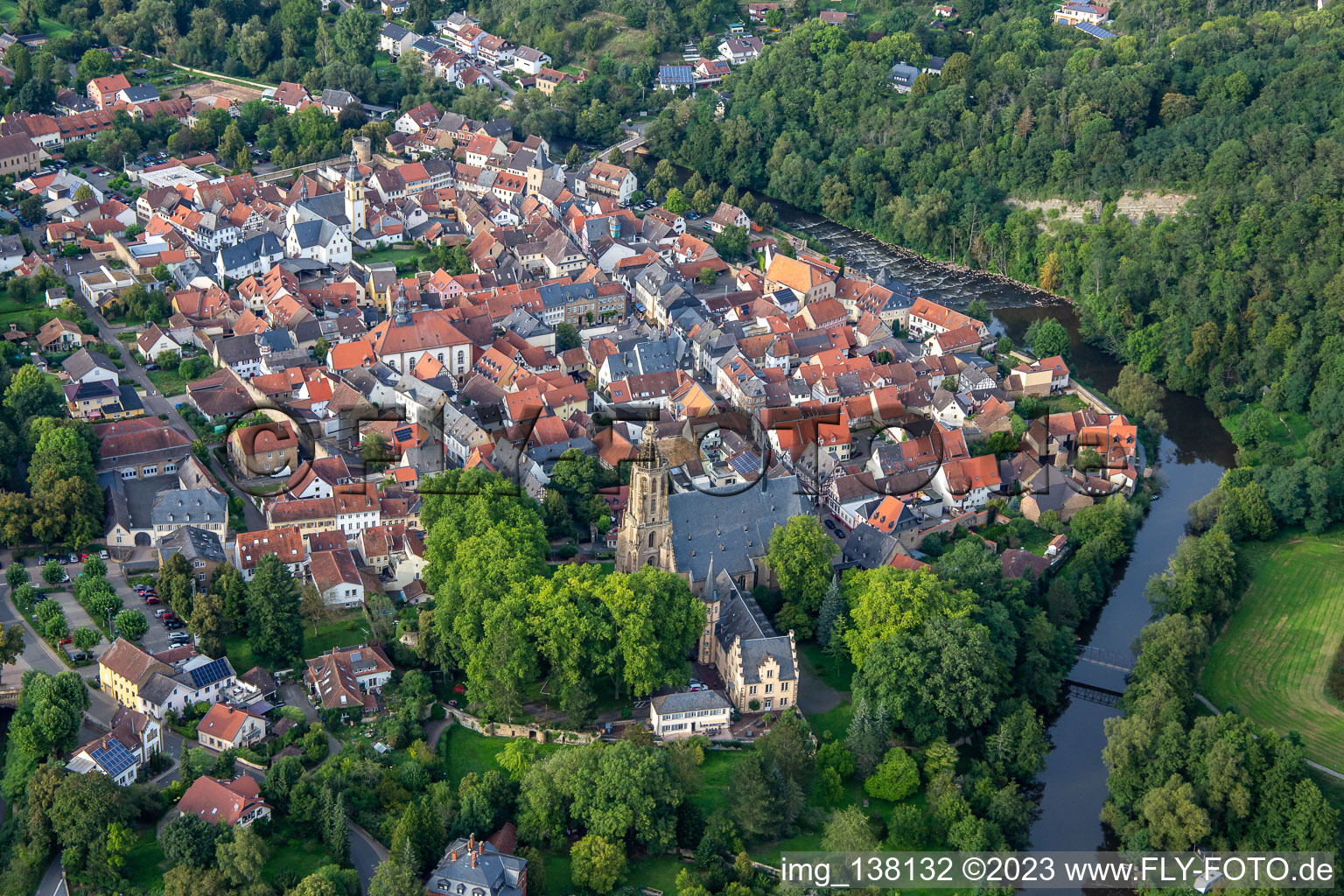Aerial view of Historic old town from the south in Meisenheim in the state Rhineland-Palatinate, Germany