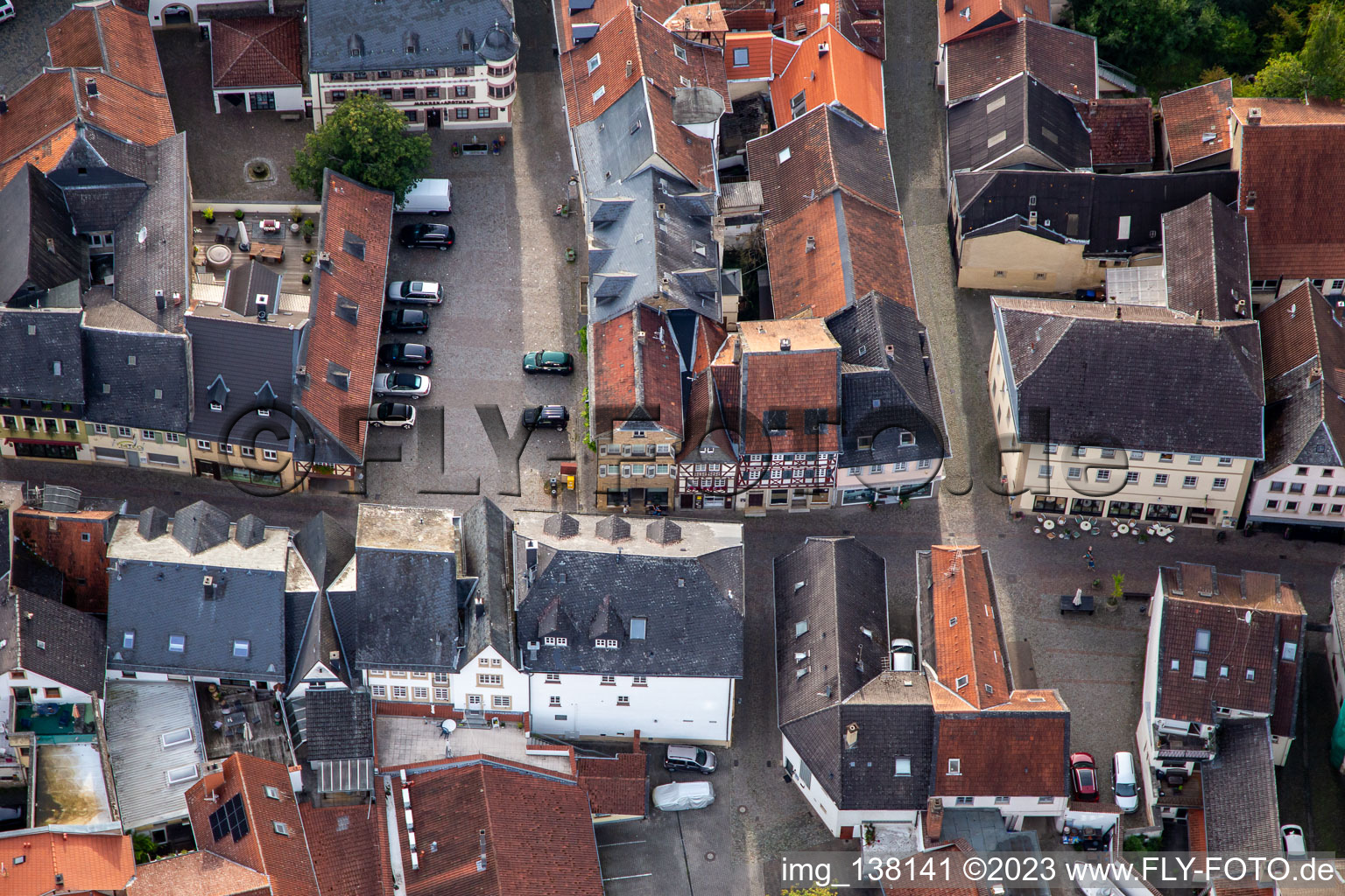 Old town with market alley and Mohren pharmacy in Meisenheim in the state Rhineland-Palatinate, Germany