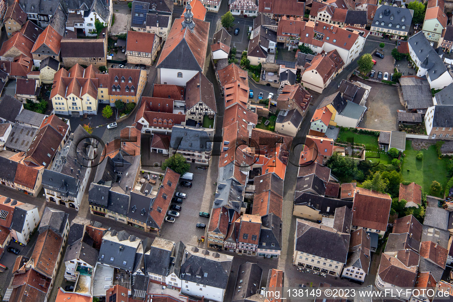 Aerial view of Marktgasse and Mohren Pharmacy in Meisenheim in the state Rhineland-Palatinate, Germany