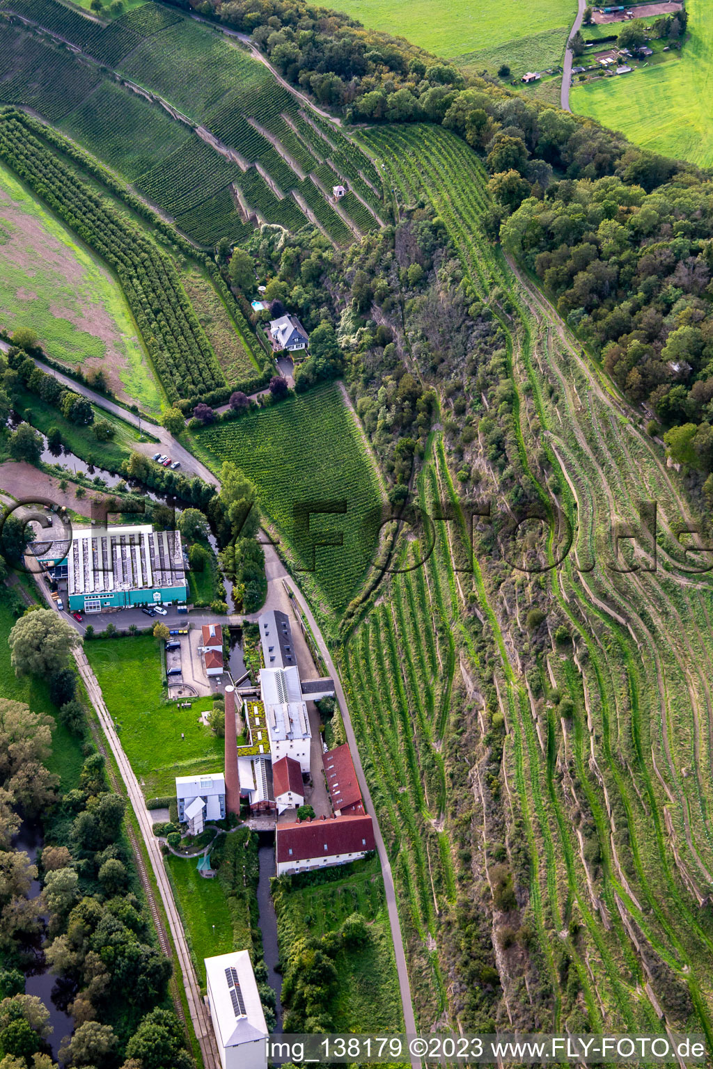 Aerial photograpy of CJD Wolfstein, Niedermühle branch and Klostermühle Odernheim KG winery in Odernheim am Glan in the state Rhineland-Palatinate, Germany
