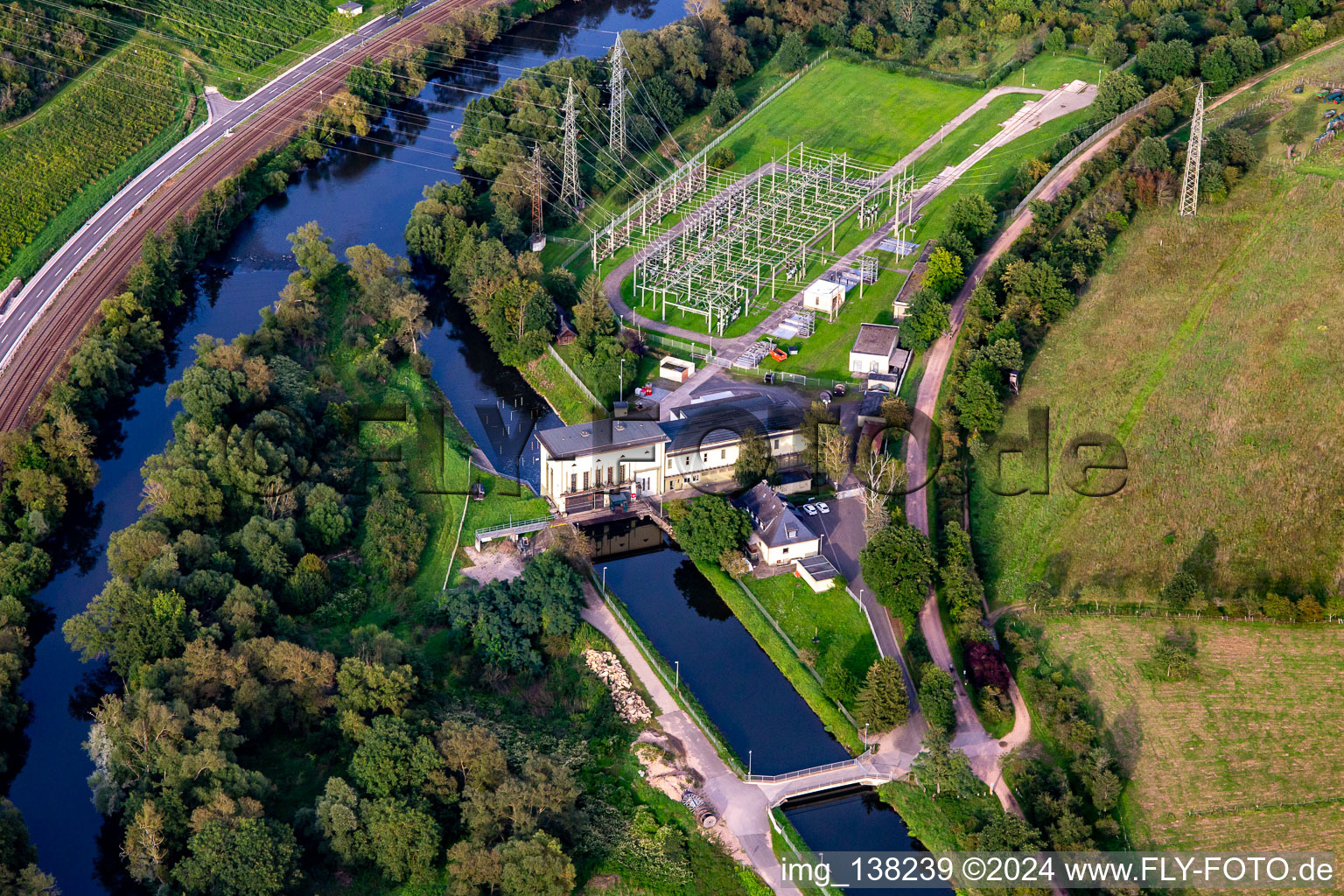 Aerial view of Hydroelectric power station substation in Niederhausen in the state Rhineland-Palatinate, Germany