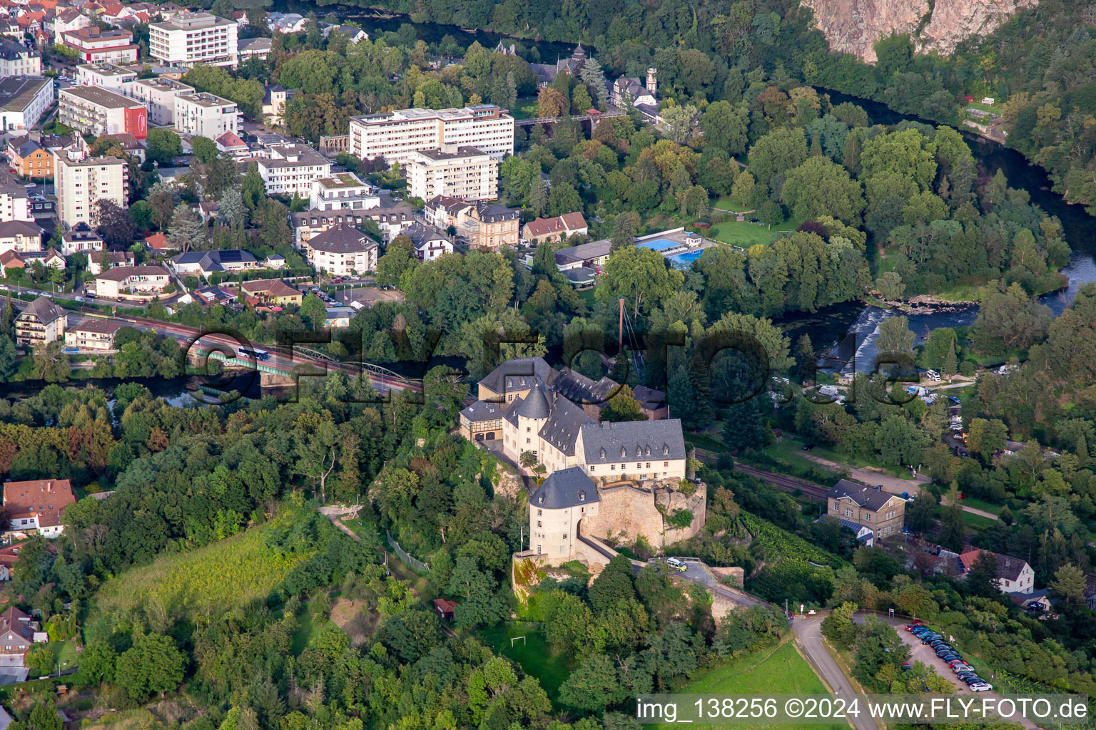 Aerial view of Castle Ebernburg / Evangelical family holiday and educational center Ebernburg in the district Ebernburg in Bad Kreuznach in the state Rhineland-Palatinate, Germany