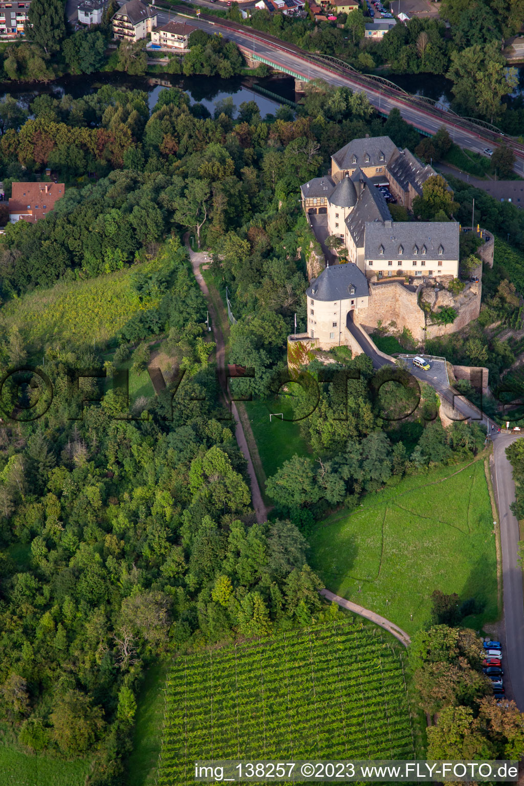Aerial photograpy of Castle Ebernburg / Protestant family holiday and educational center Ebernburg in the district Ebernburg in Bad Kreuznach in the state Rhineland-Palatinate, Germany