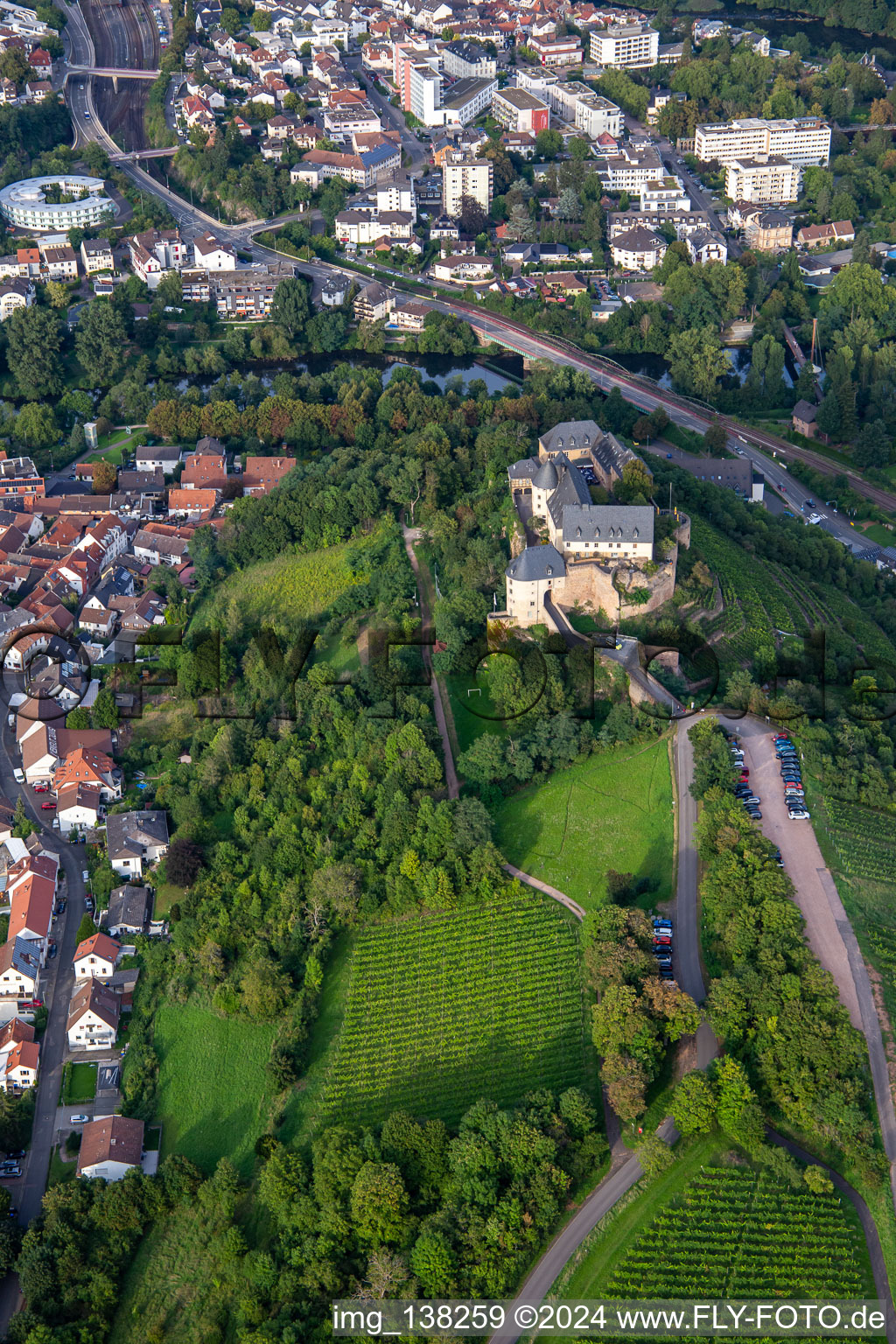 Oblique view of Castle Ebernburg / Evangelical family holiday and educational center Ebernburg in the district Ebernburg in Bad Kreuznach in the state Rhineland-Palatinate, Germany