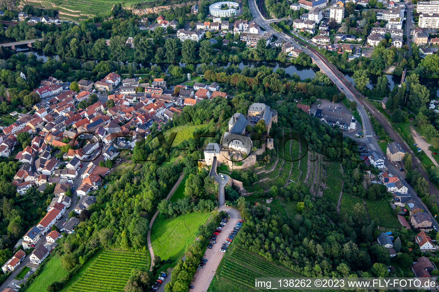 Castle Ebernburg / Protestant family holiday and educational center Ebernburg in the district Ebernburg in Bad Kreuznach in the state Rhineland-Palatinate, Germany out of the air