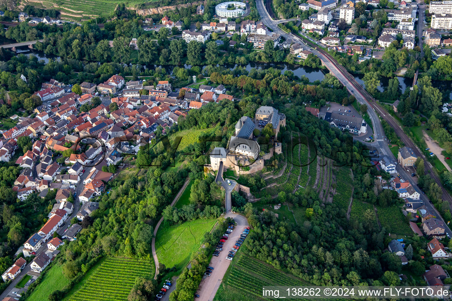 Castle Ebernburg / Evangelical family holiday and educational center Ebernburg in the district Ebernburg in Bad Kreuznach in the state Rhineland-Palatinate, Germany out of the air