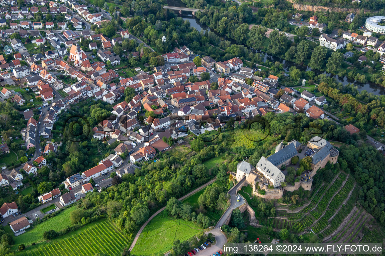 Castle Ebernburg / Evangelical family holiday and educational center Ebernburg in the district Ebernburg in Bad Kreuznach in the state Rhineland-Palatinate, Germany seen from above