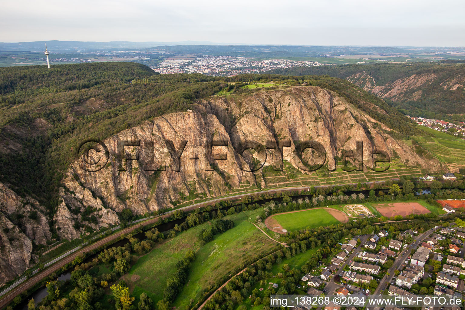 Aerial view of The Rotenfels "highest cliff between Norway and the Alps in Traisen in the state Rhineland-Palatinate, Germany