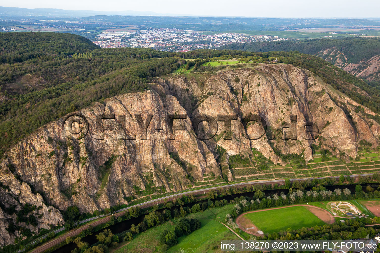 Aerial photograpy of The Rotenfels is the highest steep face between Norway and the Alps in Traisen in the state Rhineland-Palatinate, Germany