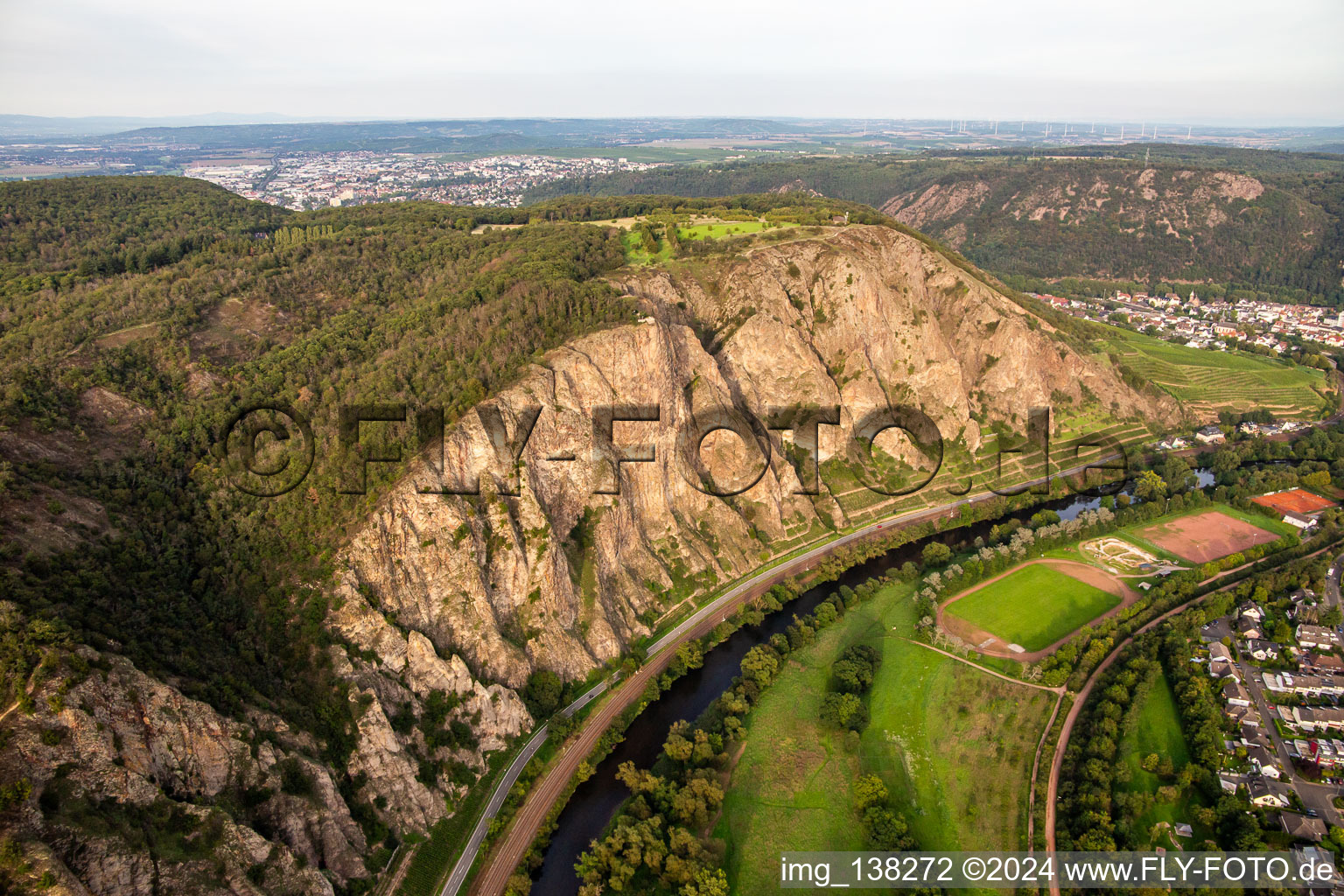 Oblique view of The Rotenfels is the highest steep face between Norway and the Alps in Traisen in the state Rhineland-Palatinate, Germany