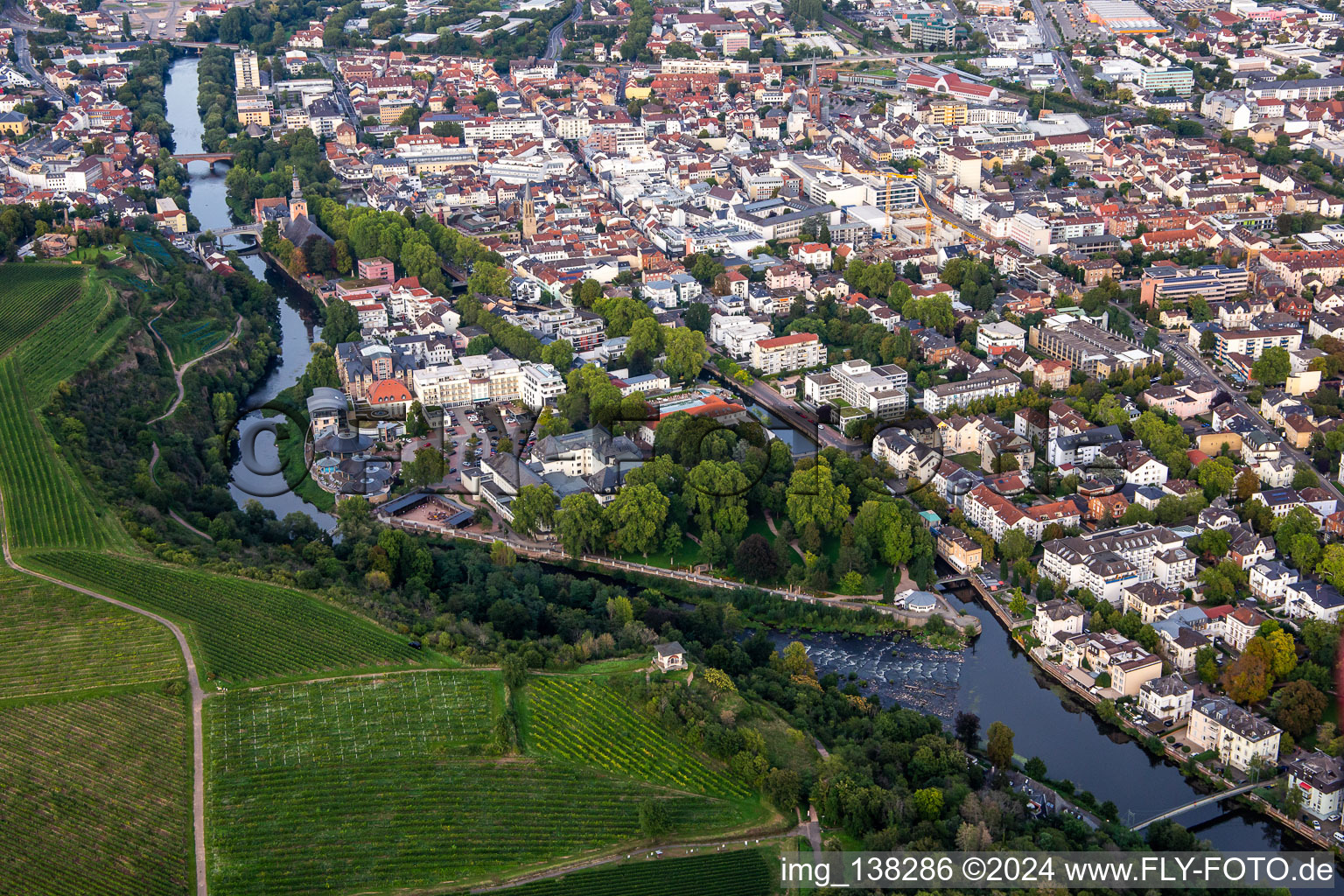 Aerial view of Thermal baths on the Nahe Island in Bad Kreuznach in the state Rhineland-Palatinate, Germany