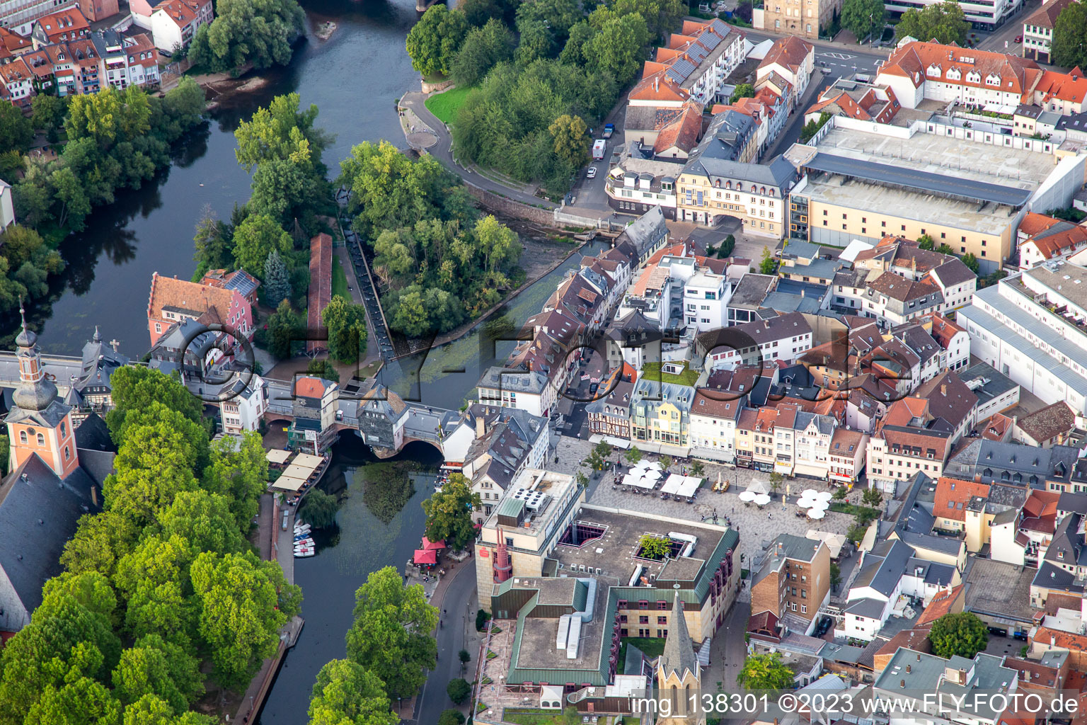 Aerial view of Old Nahe Bridge - Bridge Houses in Bad Kreuznach in the state Rhineland-Palatinate, Germany
