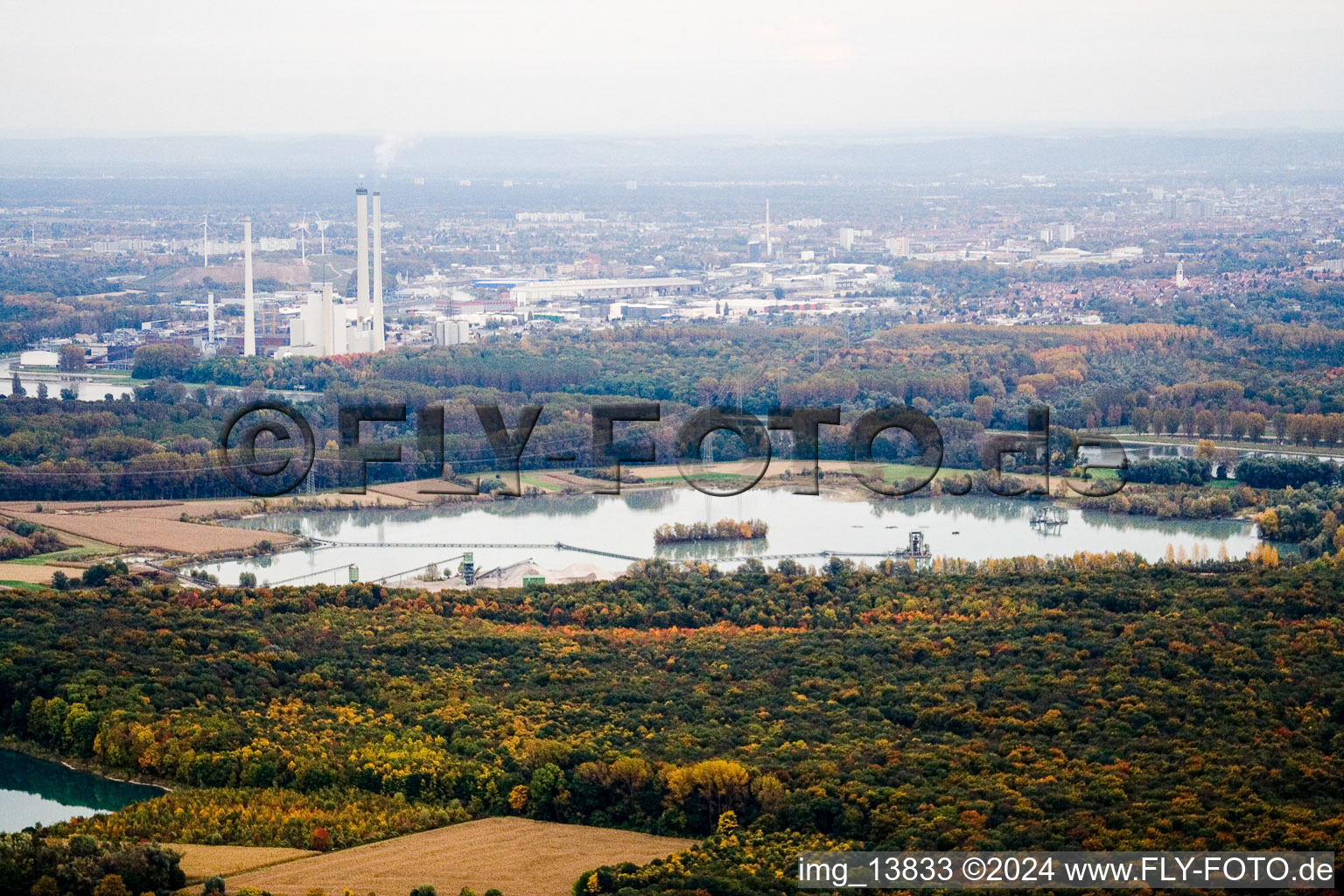 Gravel works Baggersee in Hagenbach in the state Rhineland-Palatinate, Germany seen from above