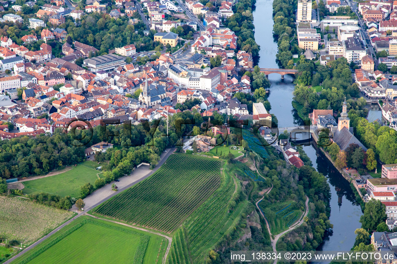 Aerial view of Kauzenburg by Mike's Catering on the Kauzenberg from the south in Bad Kreuznach in the state Rhineland-Palatinate, Germany