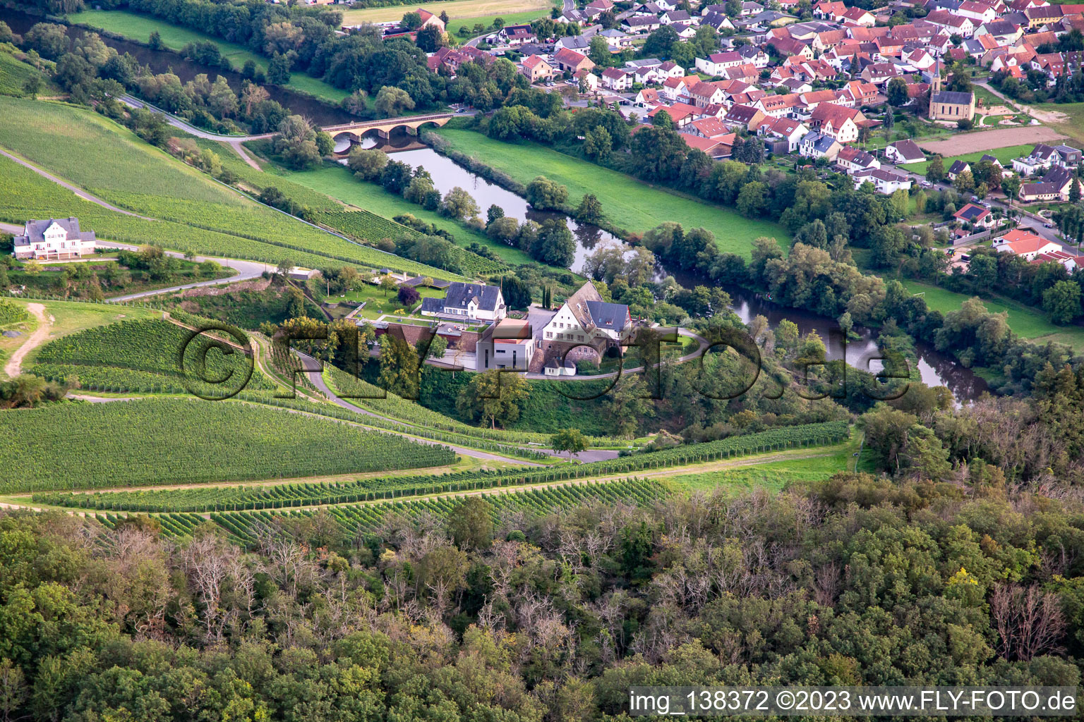 Aerial view of Hotel Gut Hermannsberg and estate administration Niederhausen Schlossböckelheim in Niederhausen in the state Rhineland-Palatinate, Germany