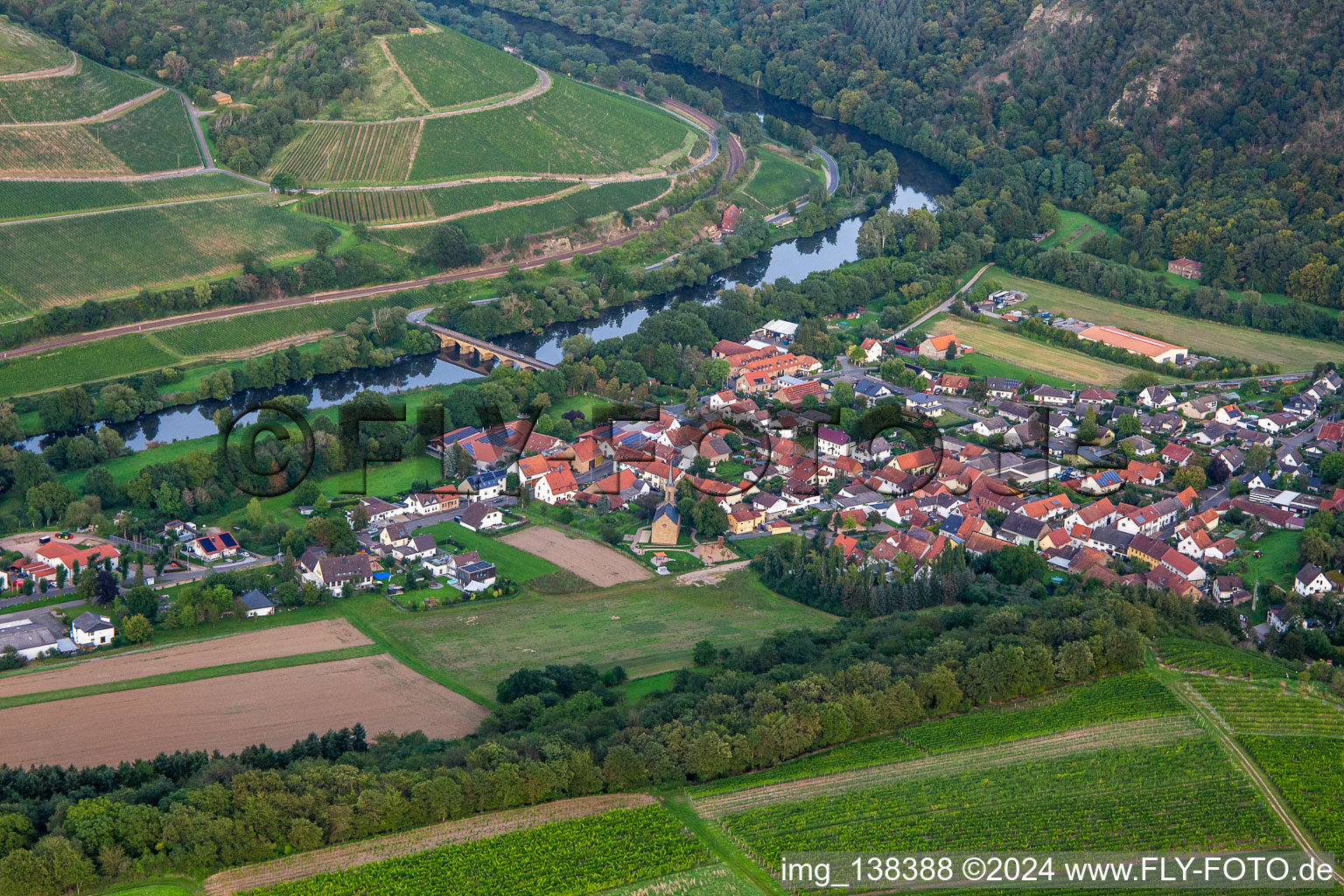 Aerial view of Luitpold Bridge over the Nahe in the district Oberhausen in Oberhausen an der Nahe in the state Rhineland-Palatinate, Germany