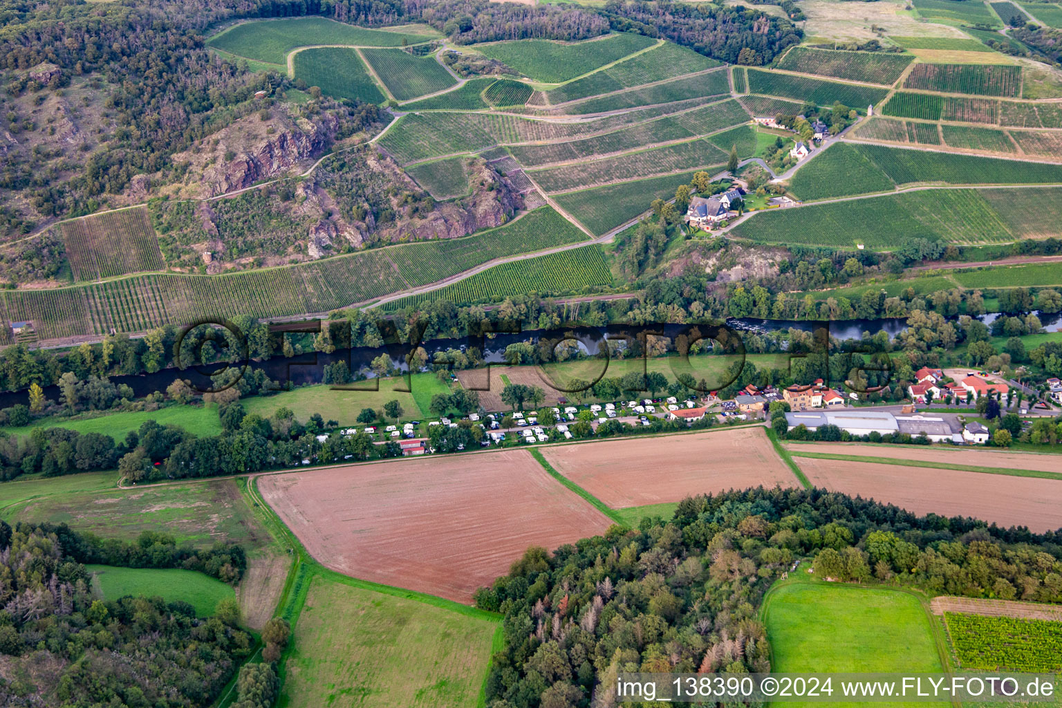 Aerial view of Camping Nahetal from the south in the district Oberhausen in Oberhausen an der Nahe in the state Rhineland-Palatinate, Germany