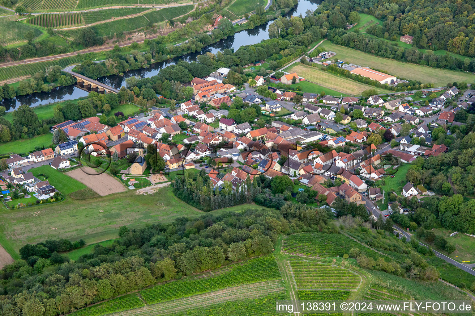 Aerial photograpy of Luitpold Bridge over the Nahe in the district Oberhausen in Oberhausen an der Nahe in the state Rhineland-Palatinate, Germany