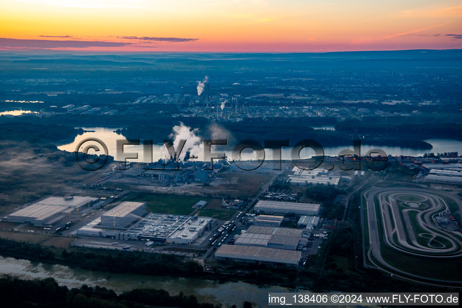 Aerial view of Papierfabrik Palm GmbH & Co. KG | Plant Wörth am Rhein in the morning in Wörth am Rhein in the state Rhineland-Palatinate, Germany