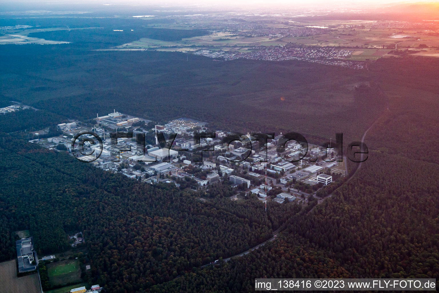 Sunrise over the KIT - Karlsruhe Institute of Technology Campus North in the district Leopoldshafen in Eggenstein-Leopoldshafen in the state Baden-Wuerttemberg, Germany