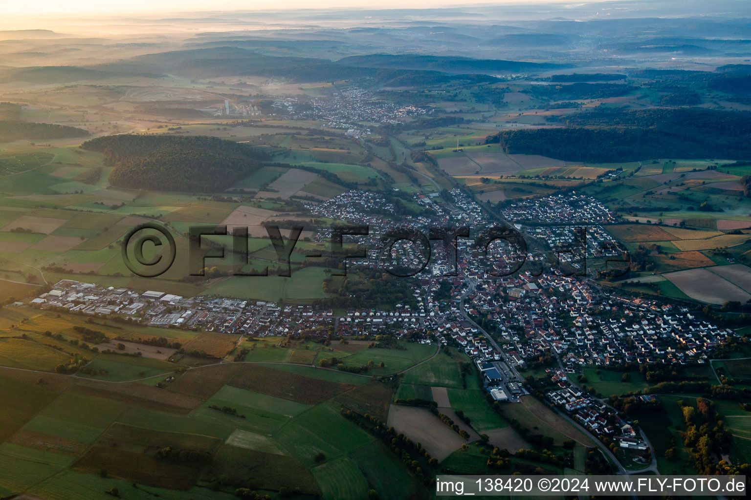 From the west in the morning light in the district Jöhlingen in Walzbachtal in the state Baden-Wuerttemberg, Germany