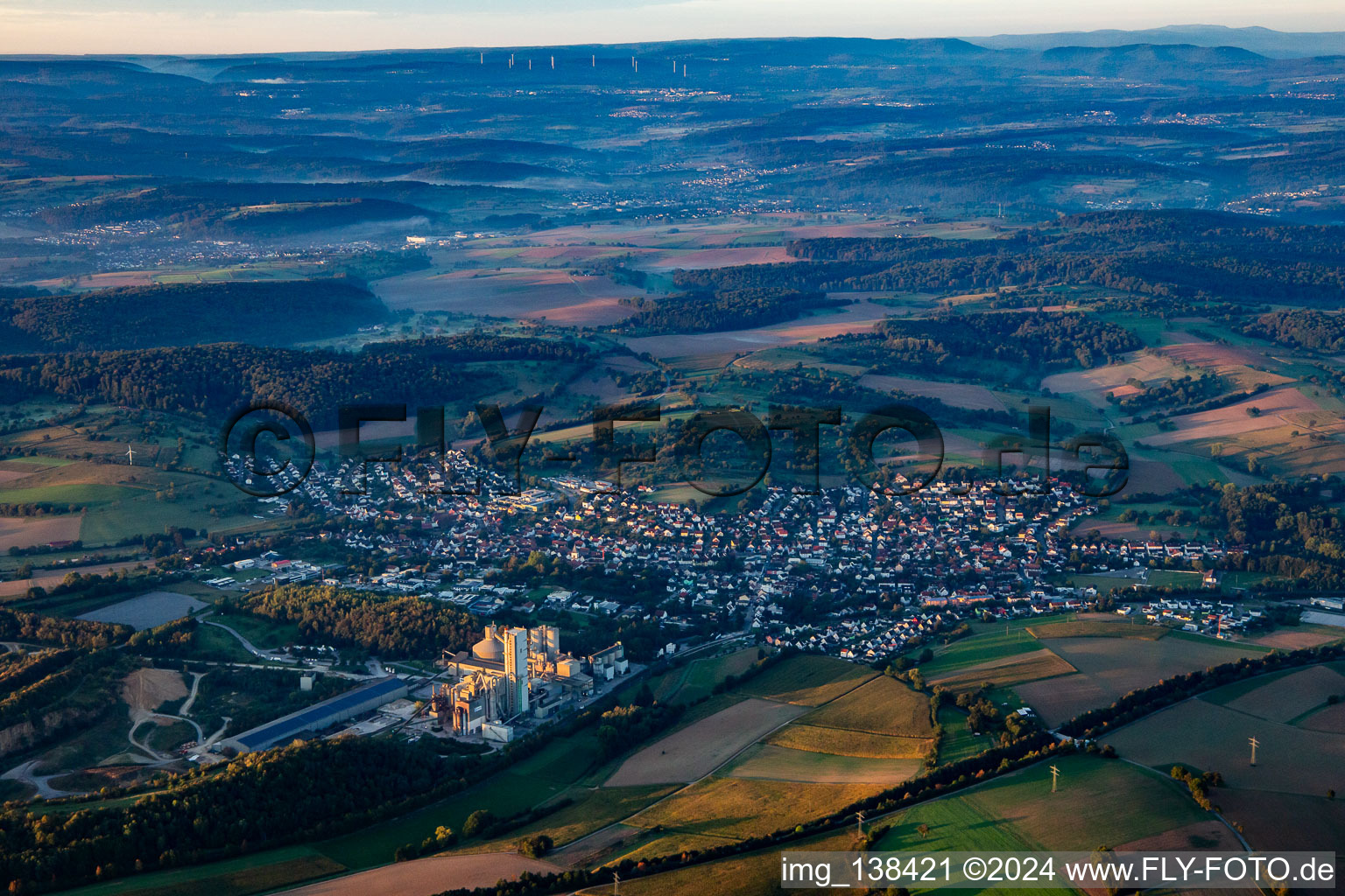 From the northwest in the morning light in the district Wössingen in Walzbachtal in the state Baden-Wuerttemberg, Germany