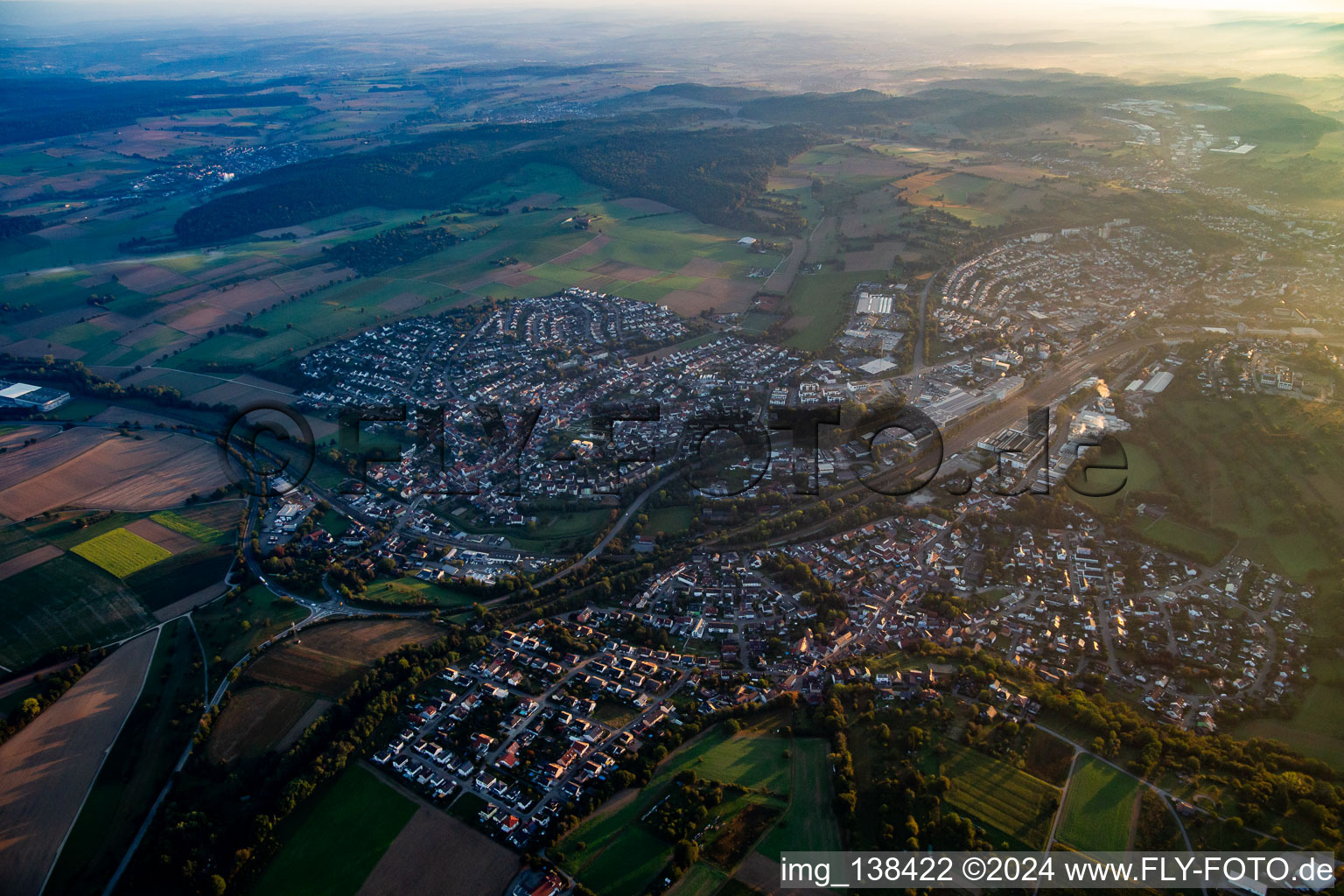 From the southwest in the morning light in the district Diedelsheim in Bretten in the state Baden-Wuerttemberg, Germany