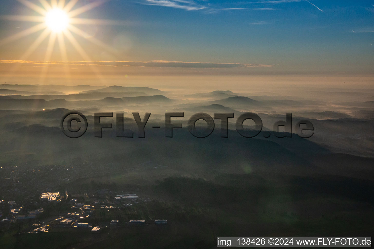 Kraichgau in the morning mist in Knittlingen in the state Baden-Wuerttemberg, Germany