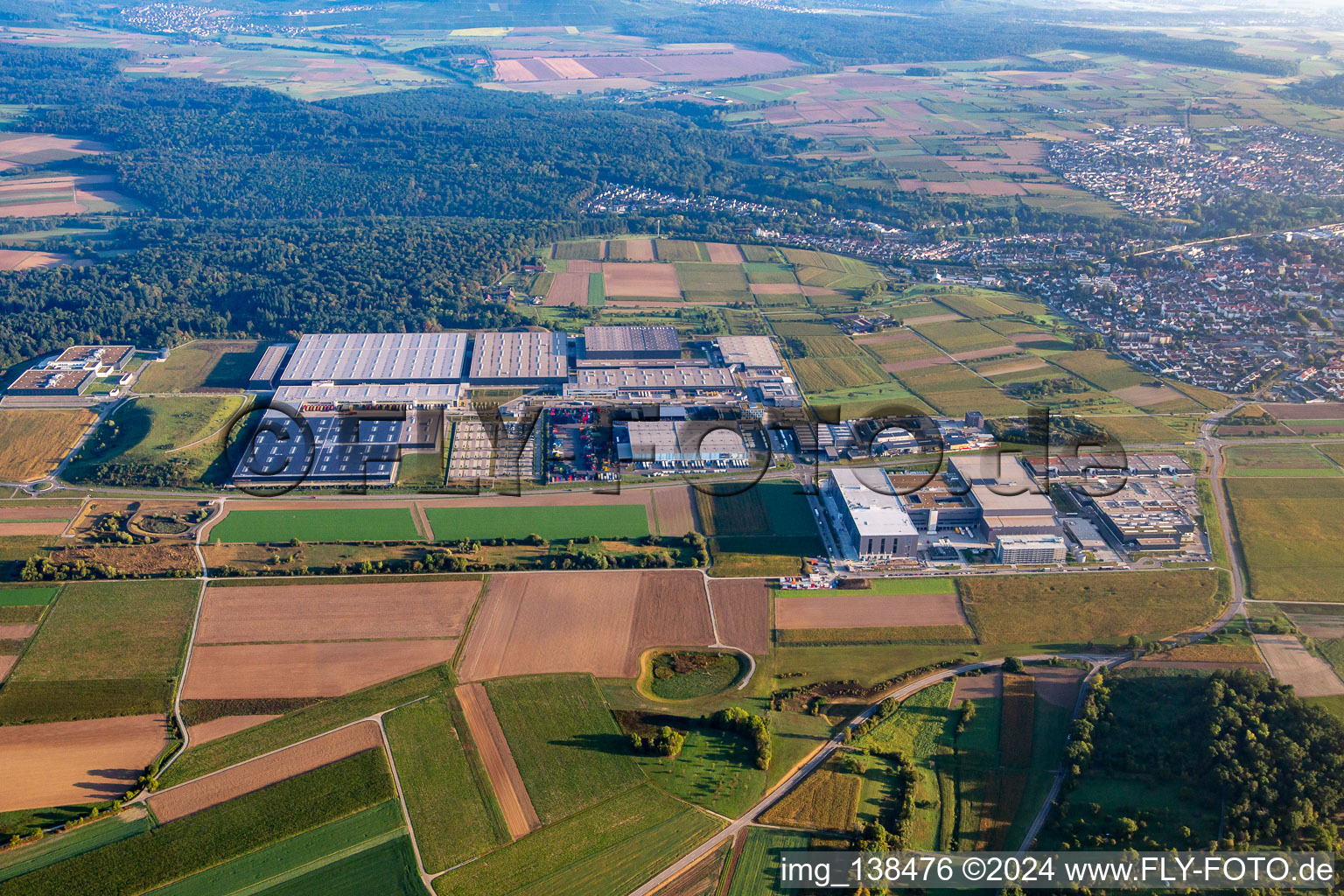 Aerial view of Porsche Plant 16, Porsche Logistics Center and Breuninger Logistics Sachsenheim in Sachsenheim in the state Baden-Wuerttemberg, Germany