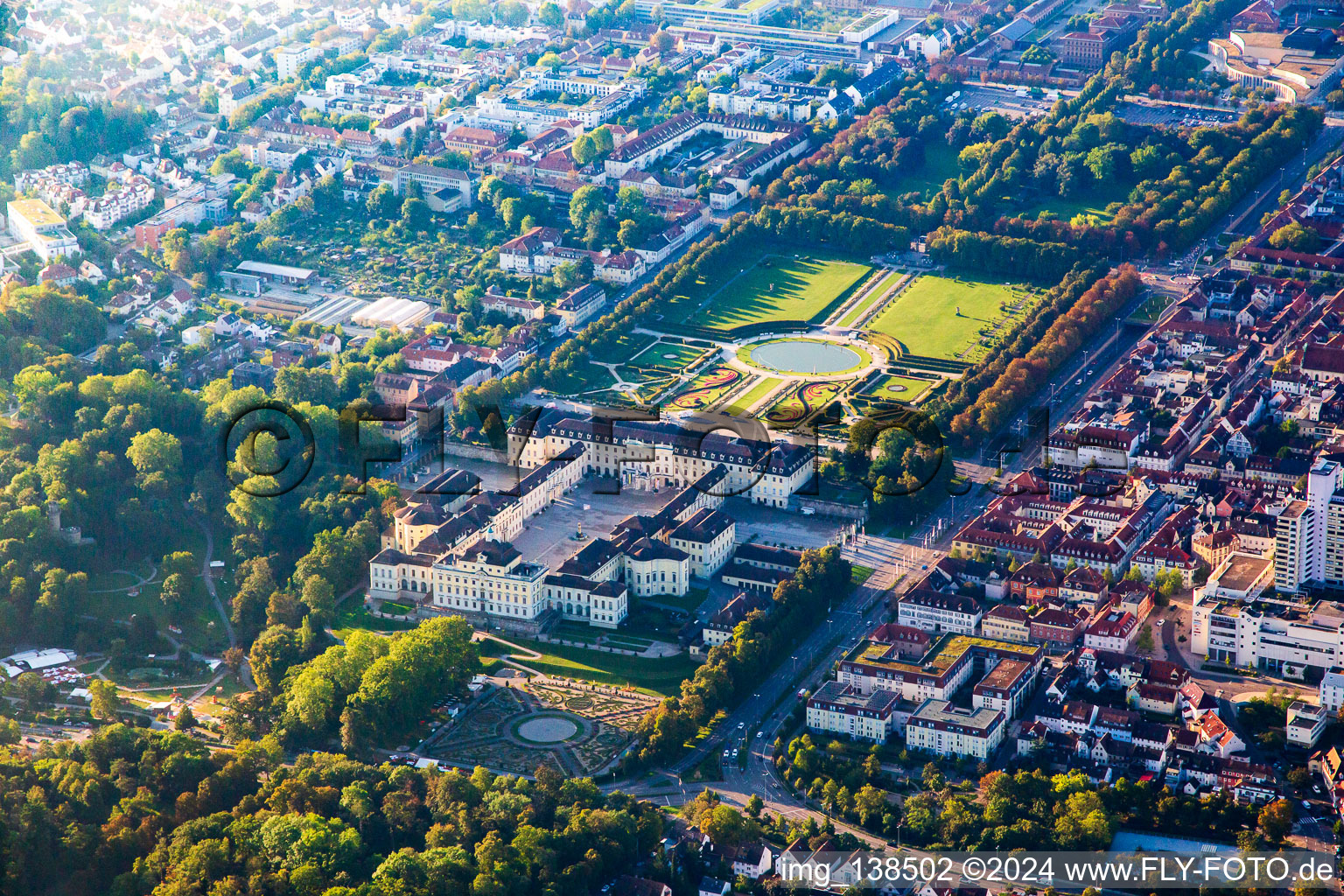 Aerial view of Residence Palace Ludwigsburg and Blooming Baroque Garden Show in Ludwigsburg in the state Baden-Wuerttemberg, Germany