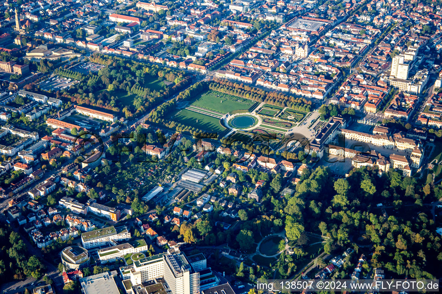 Oblique view of Residence Palace Ludwigsburg and Blooming Baroque Garden Show in Ludwigsburg in the state Baden-Wuerttemberg, Germany