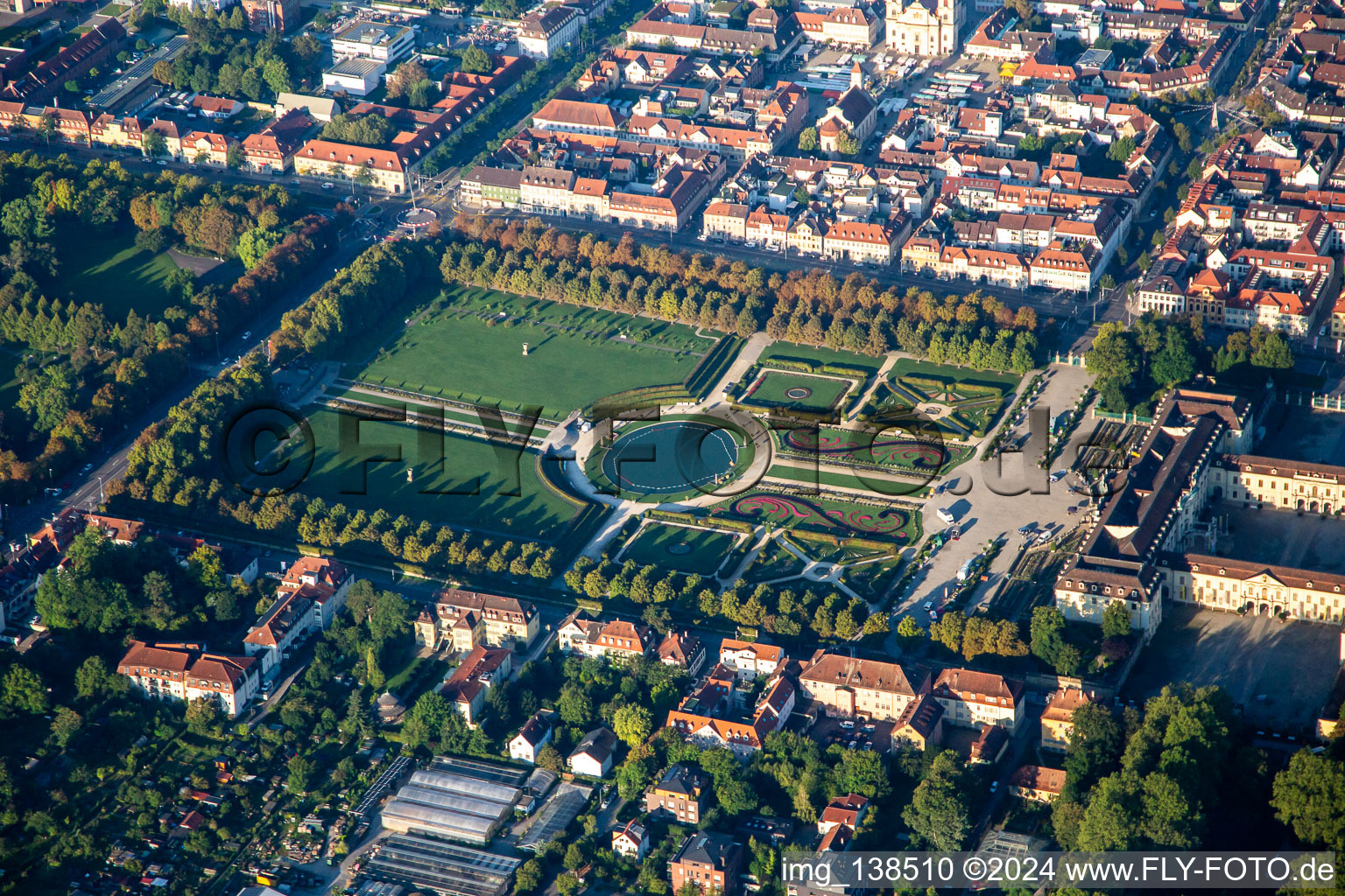 Residence Palace Ludwigsburg and Blooming Baroque Garden Show in Ludwigsburg in the state Baden-Wuerttemberg, Germany from above