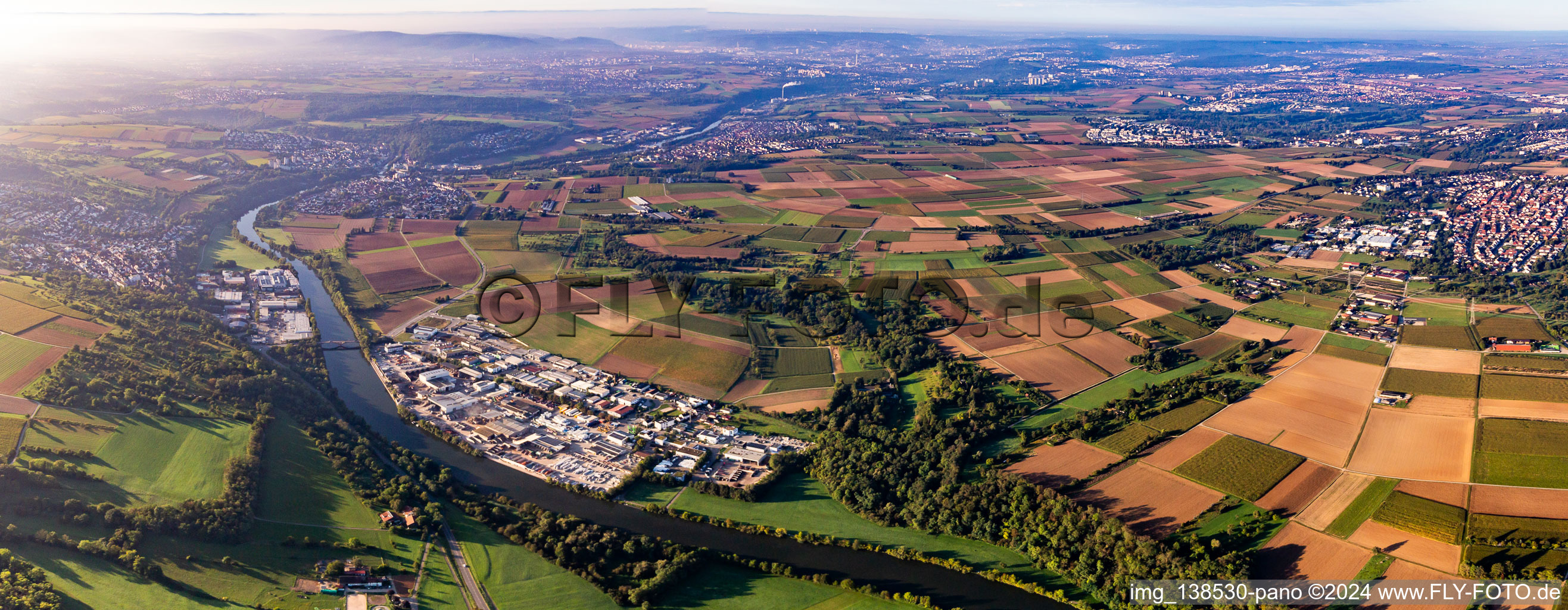 Panorama Rems estuary from the north in the district Hochberg in Remseck am Neckar in the state Baden-Wuerttemberg, Germany